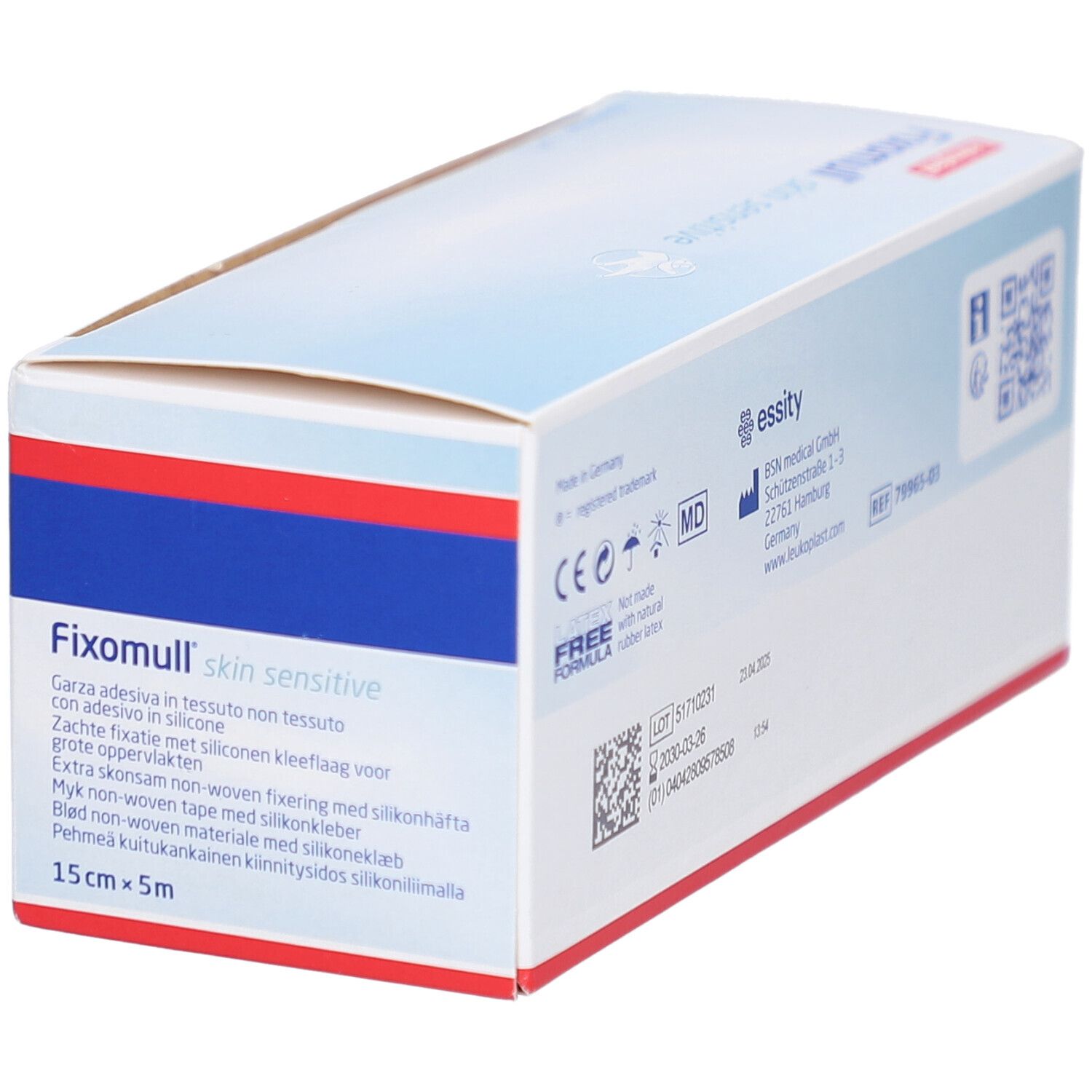 Karton FIXOMULL skin sensitive, 15cm x 5m. Logo Leukoplast. Produktbeschreibung und Herstellerinformationen.