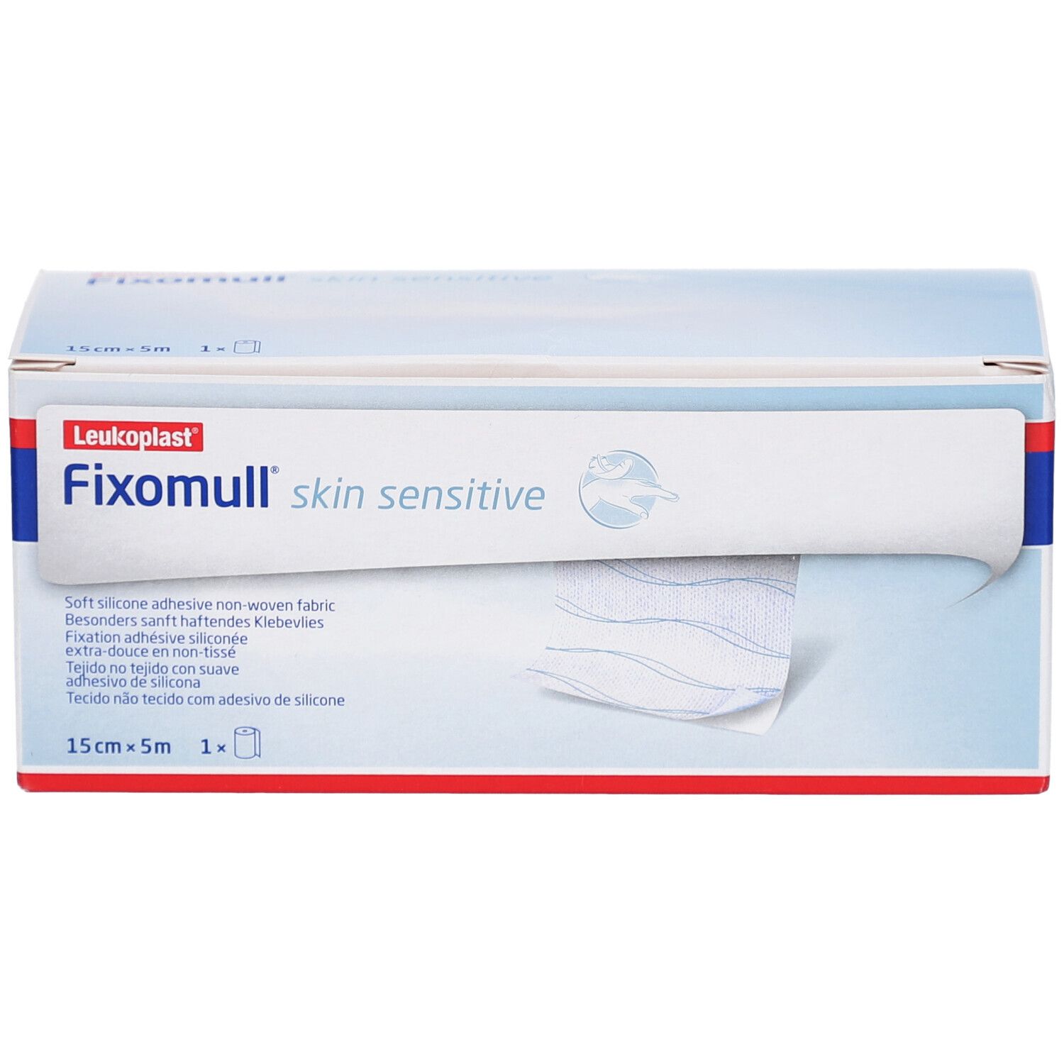 Karton FIXOMULL skin sensitive, 15cm x 5m. Weißes Produkt wird aus der Verpackung gezogen. Logo Leukoplast.