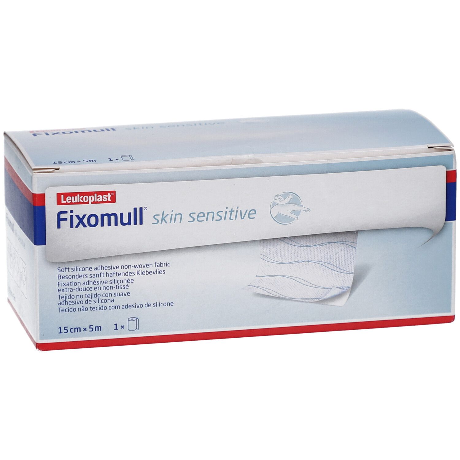 Karton FIXOMULL skin sensitive, 15cm x 5m. Weißes Produkt wird aus der Verpackung gezogen. Logo Leukoplast.
