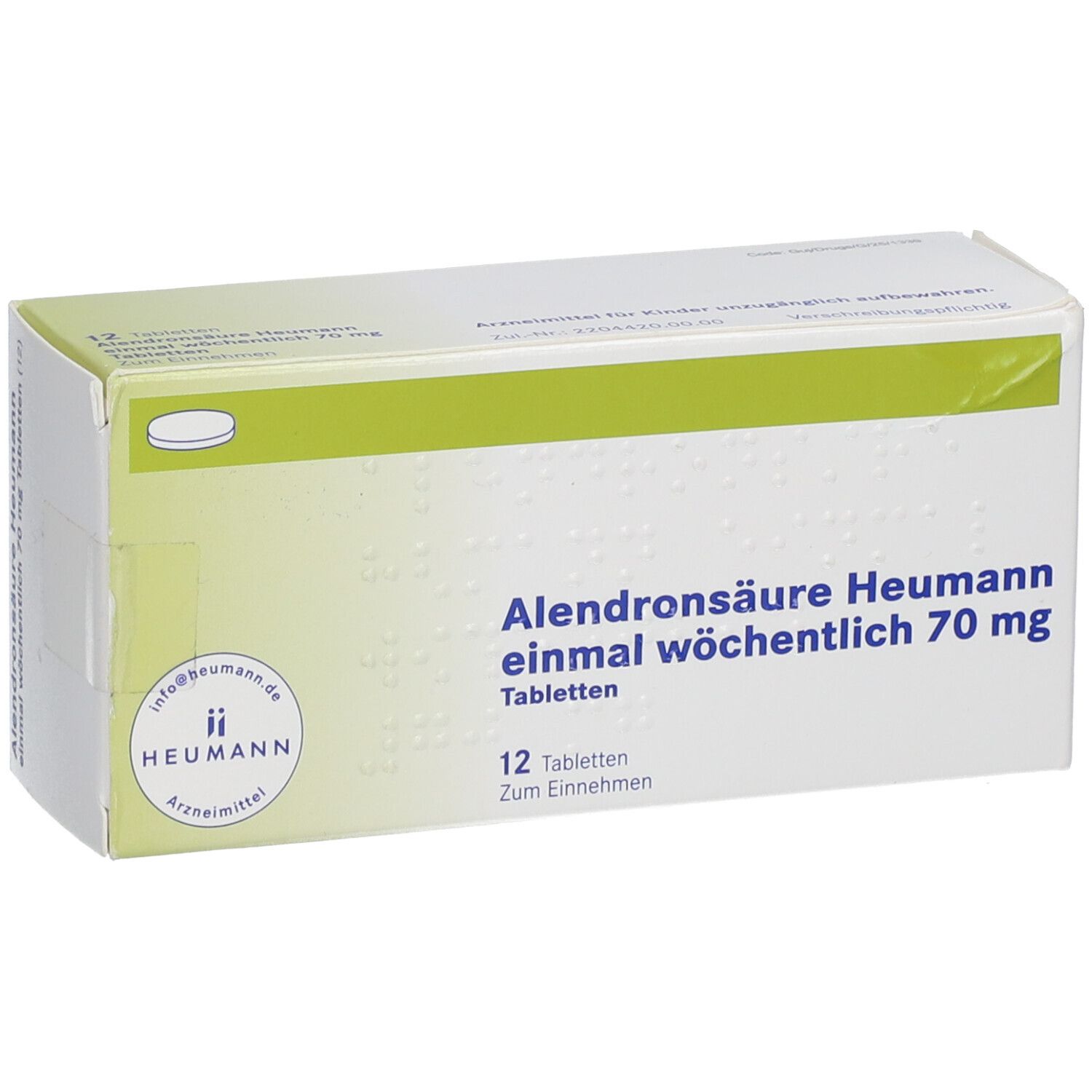 Schachtel "Alendronsäure Heumann" Tabletten. Grün-weißes Design. Heumann Logo. 12 Tabletten.