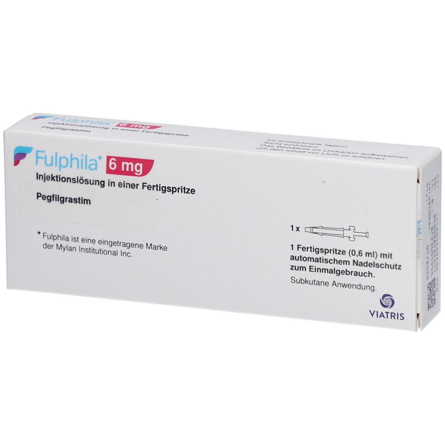 Weiße Faltschachtel mit Aufschrift Fulphila 6 mg, Injektionslösung. Enthält eine Fertigspritze. Viatris Logo.