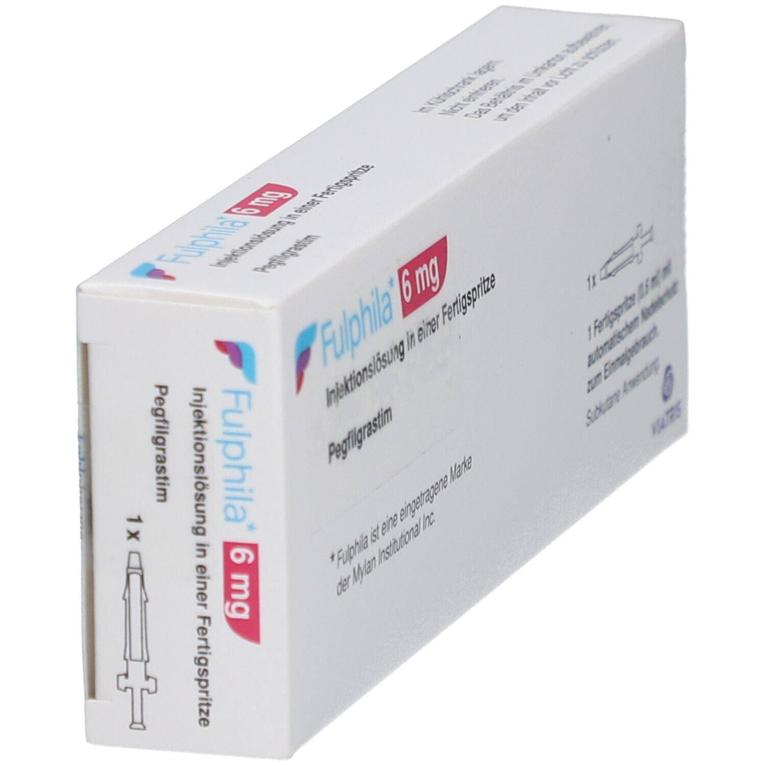 Schräg gestellte Faltschachtel mit Fulphila 6 mg, Injektionslösung. Enthält eine Fertigspritze. Viatris Logo.