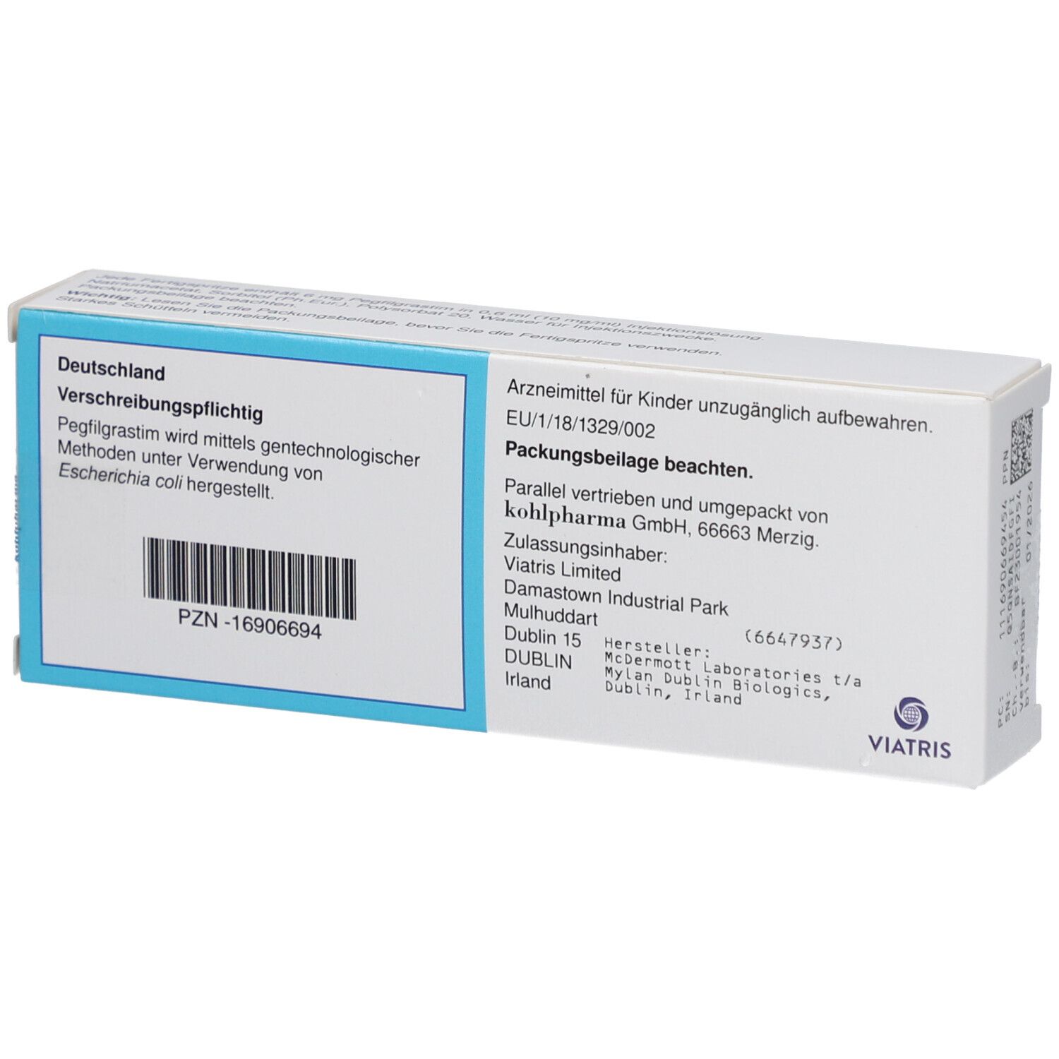 Rückseite der Faltschachtel mit Informationen: Verschreibungspflichtig, Hersteller, Zulassung, PZN-16906694, Viatris Logo.