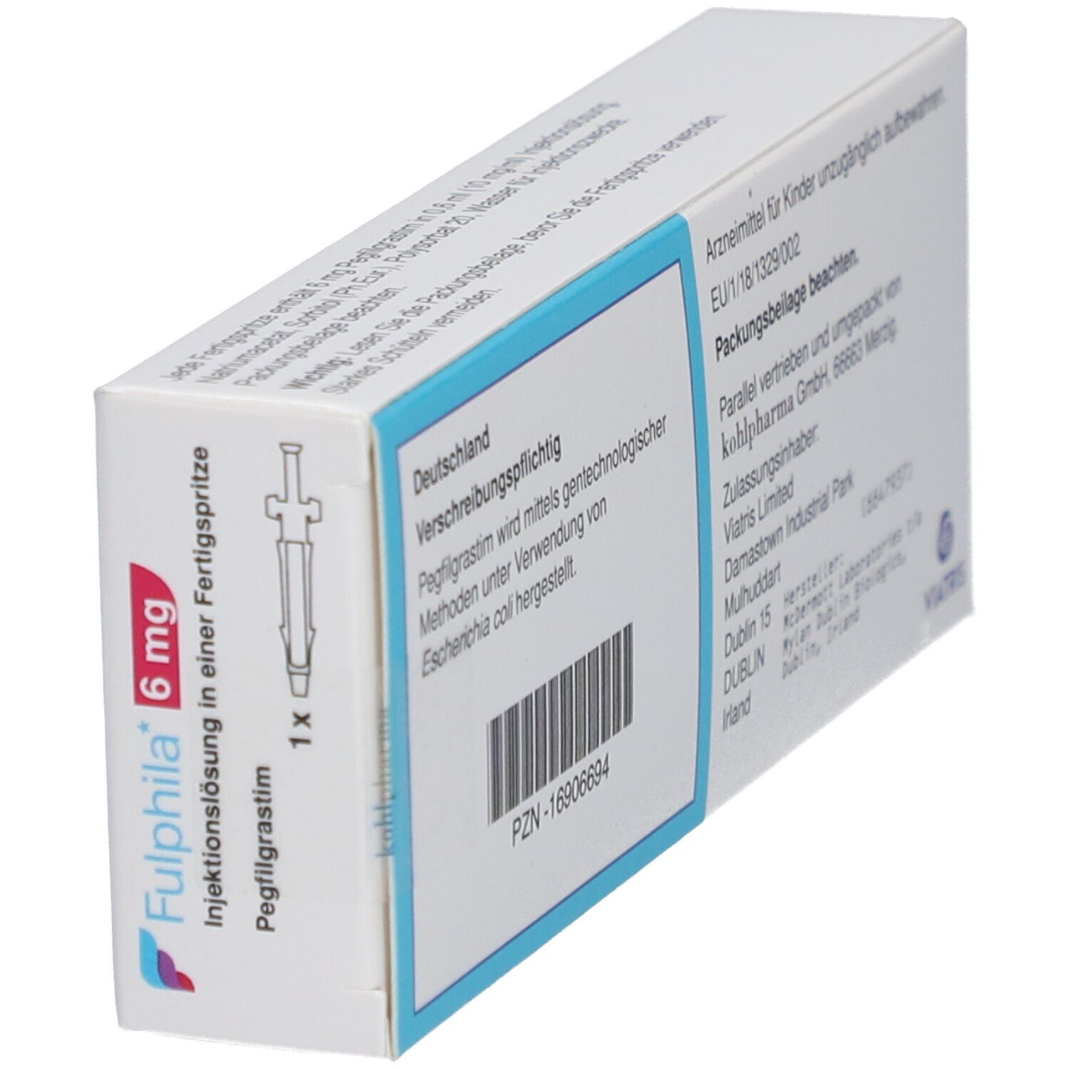 Schräg gestellte Faltschachtel mit Fulphila 6 mg, Injektionslösung. Rückseite mit Informationen. Viatris Logo.
