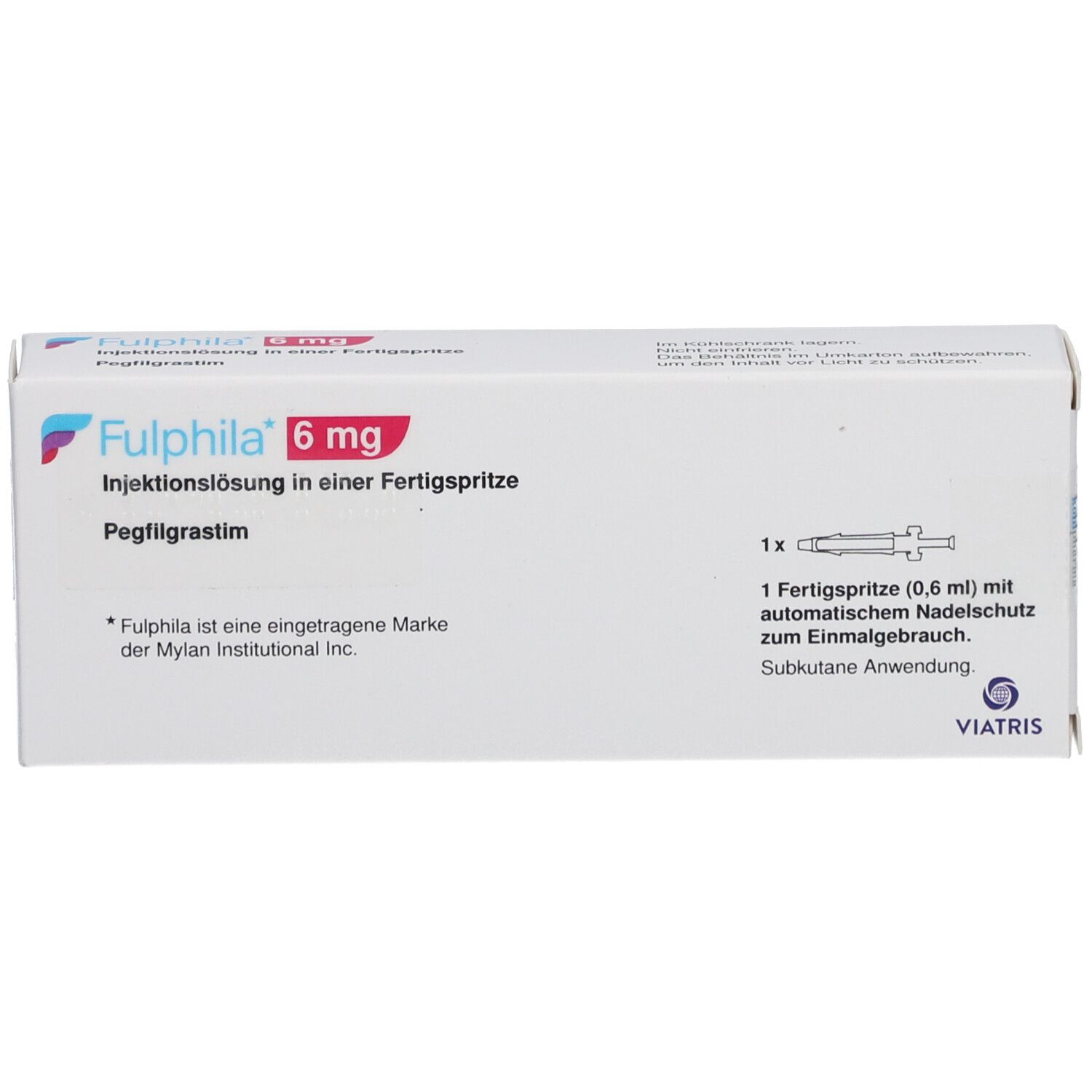 Weiße Faltschachtel mit Fulphila 6 mg, Injektionslösung. Enthält eine Fertigspritze. Viatris Logo.