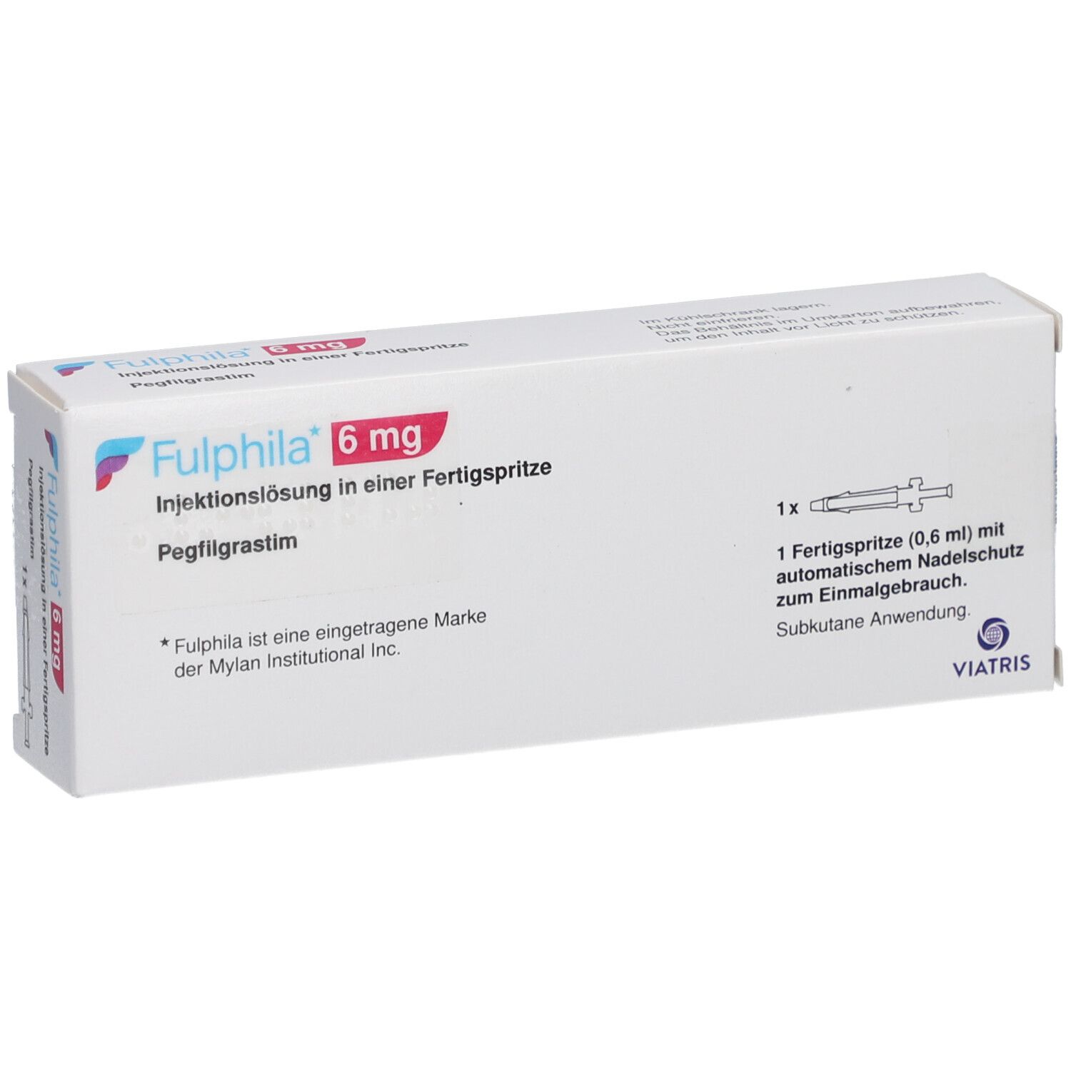 Weiße Faltschachtel mit Fulphila 6 mg, Injektionslösung. Enthält eine Fertigspritze. Viatris Logo.