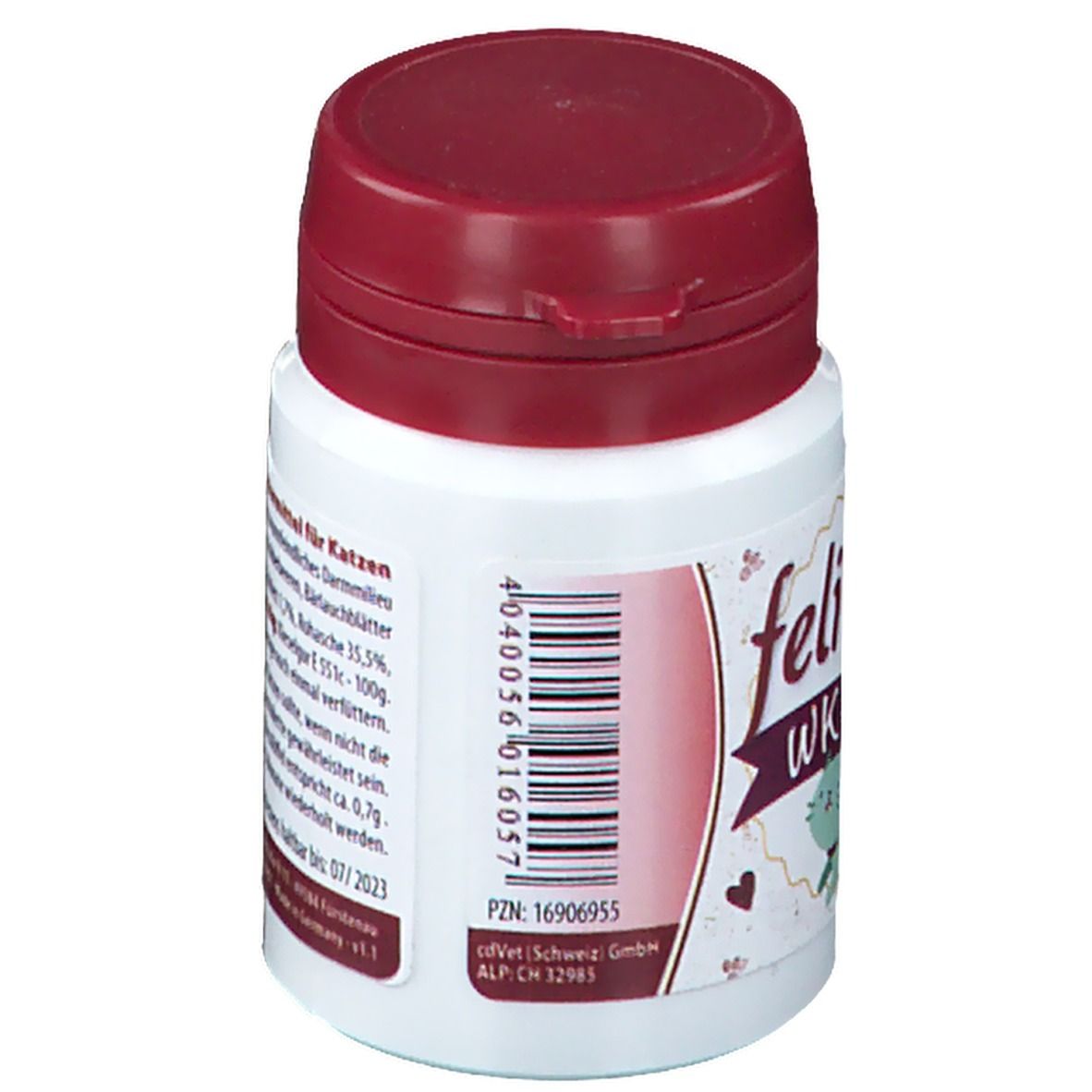 Weiße Dose mit bordeauxrotem Deckel. Aufschrift: feli-TATZ WK-Mix. PZN und weitere Informationen.