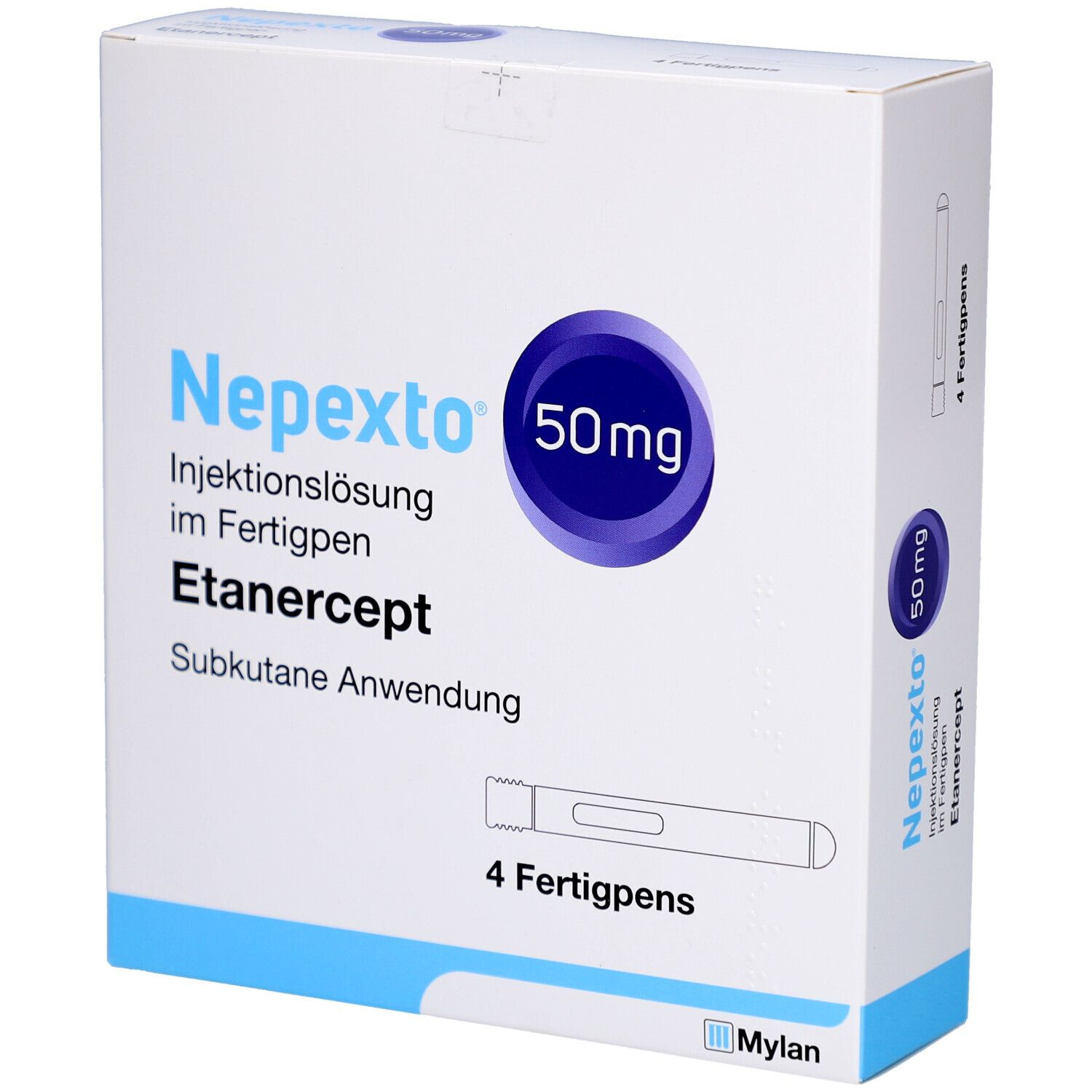 Karton mit NEPEXTO 50 mg Injektionslösung im Fertigpen. Enthält 4 Fertigpens. Blaue und weiße Verpackung mit Produktnamen und Dosierung.
