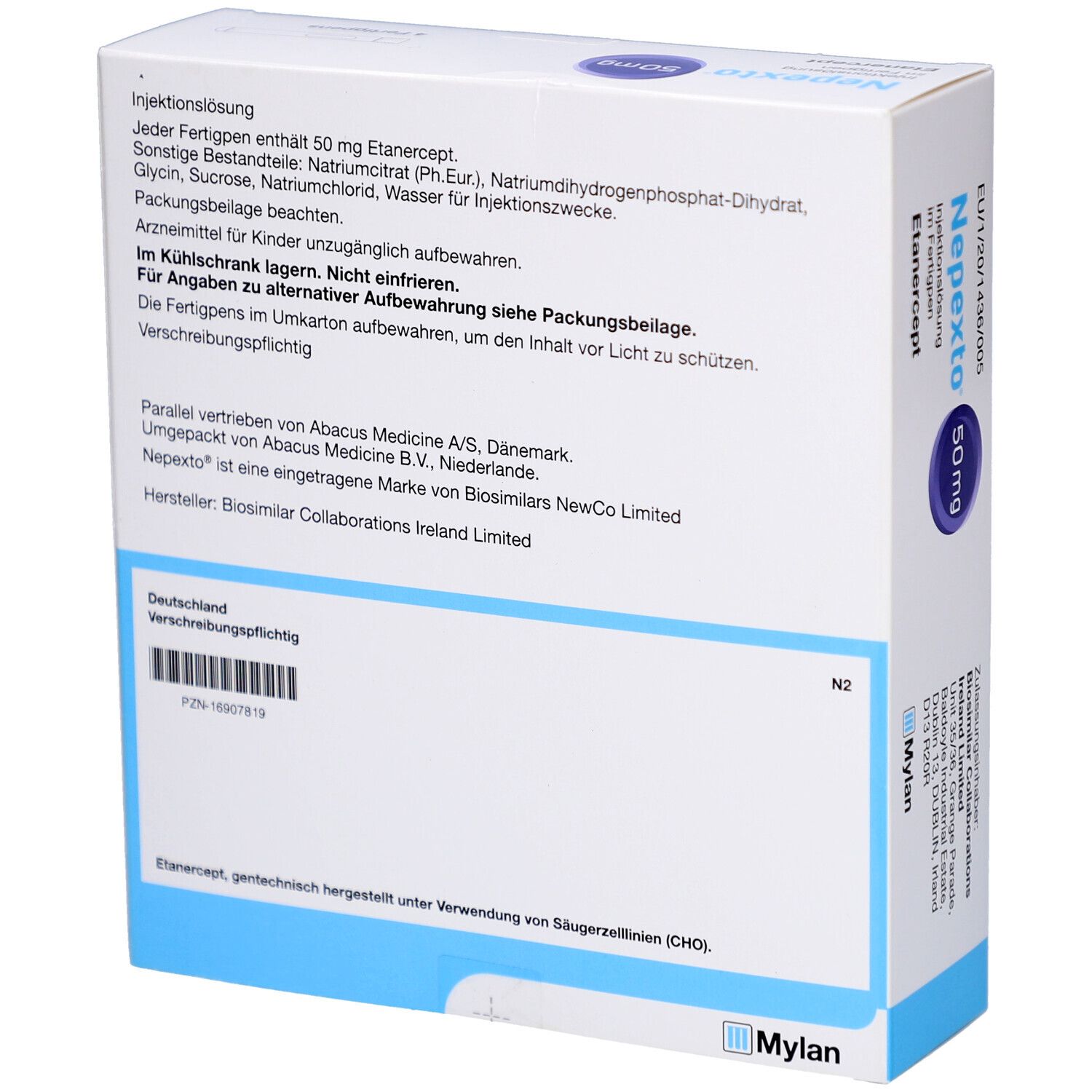 Rückseite der NEPEXTO 50 mg Verpackung. Enthält Informationen zu Inhaltsstoffen, Hersteller und Lagerung. Mylan Logo.