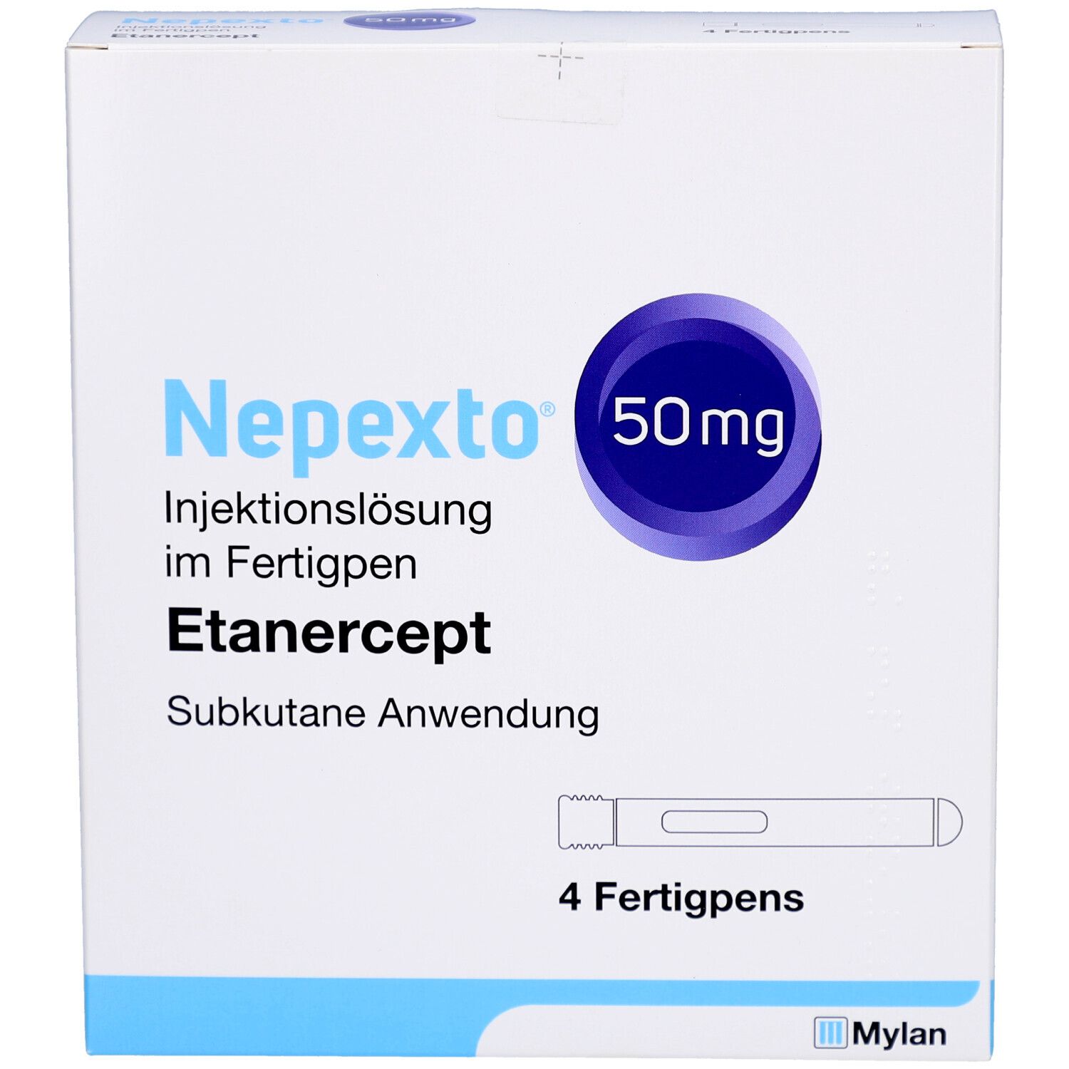 Vorderansicht der NEPEXTO 50 mg Verpackung. Enthält 4 Fertigpens. Blaue und weiße Box mit Produktnamen und Dosierung.