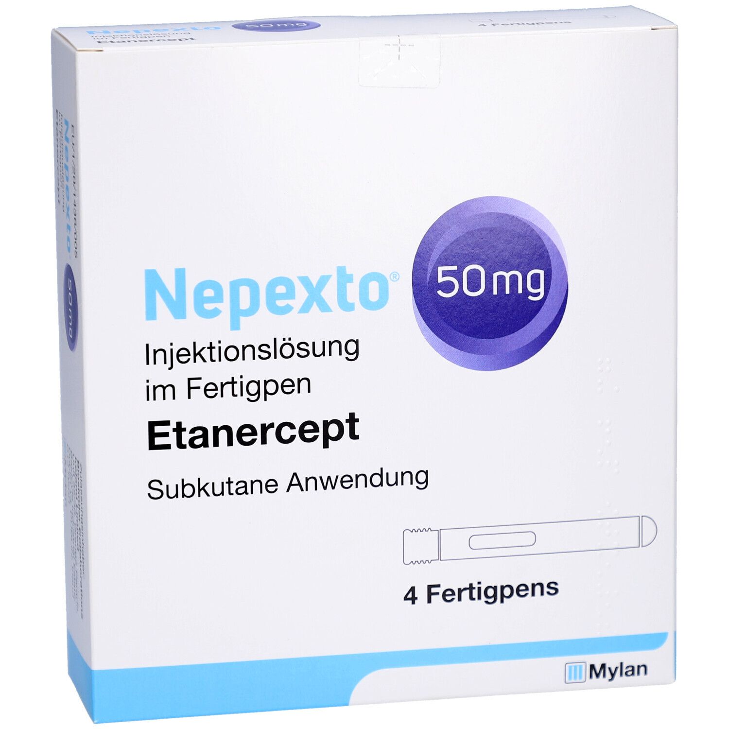 Vorderansicht der NEPEXTO 50 mg Verpackung. Enthält 4 Fertigpens. Blaue und weiße Box mit Produktnamen und Dosierung.