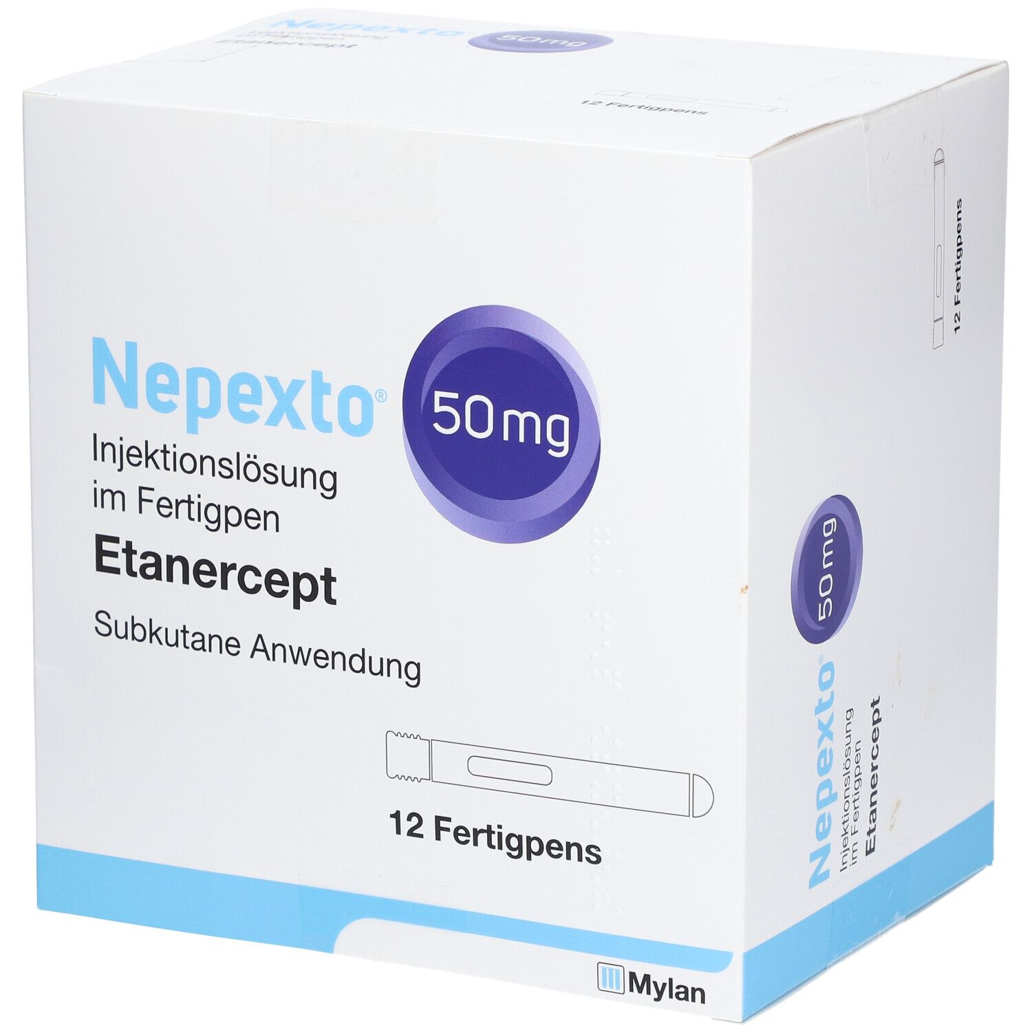 Schachtel mit 'Nepexto 50mg' Injektionslösung im Fertigpen. Enthält 12 Fertigpens. Mylan Logo.