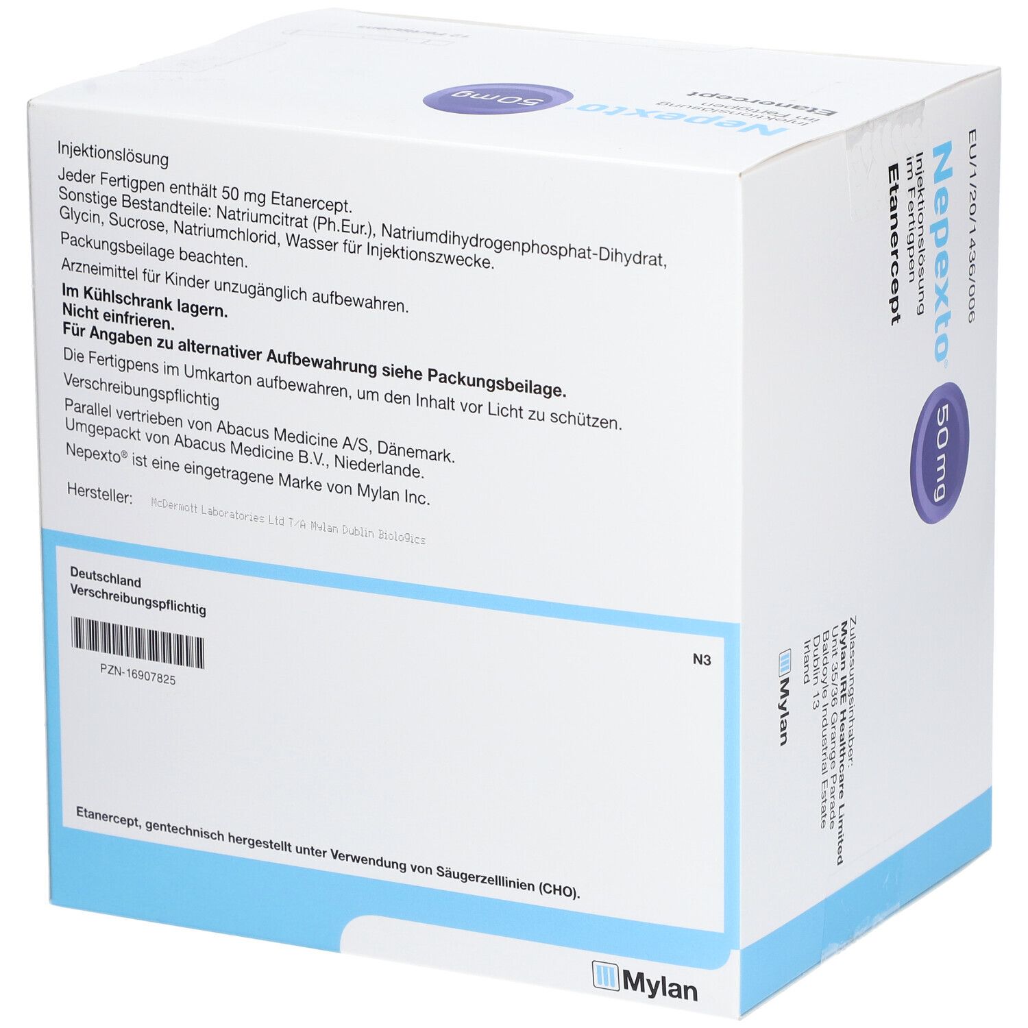 Rückseite der 'Nepexto 50mg' Schachtel. Enthält Informationen zu Inhaltsstoffen, Lagerung und Hersteller. Mylan Logo.