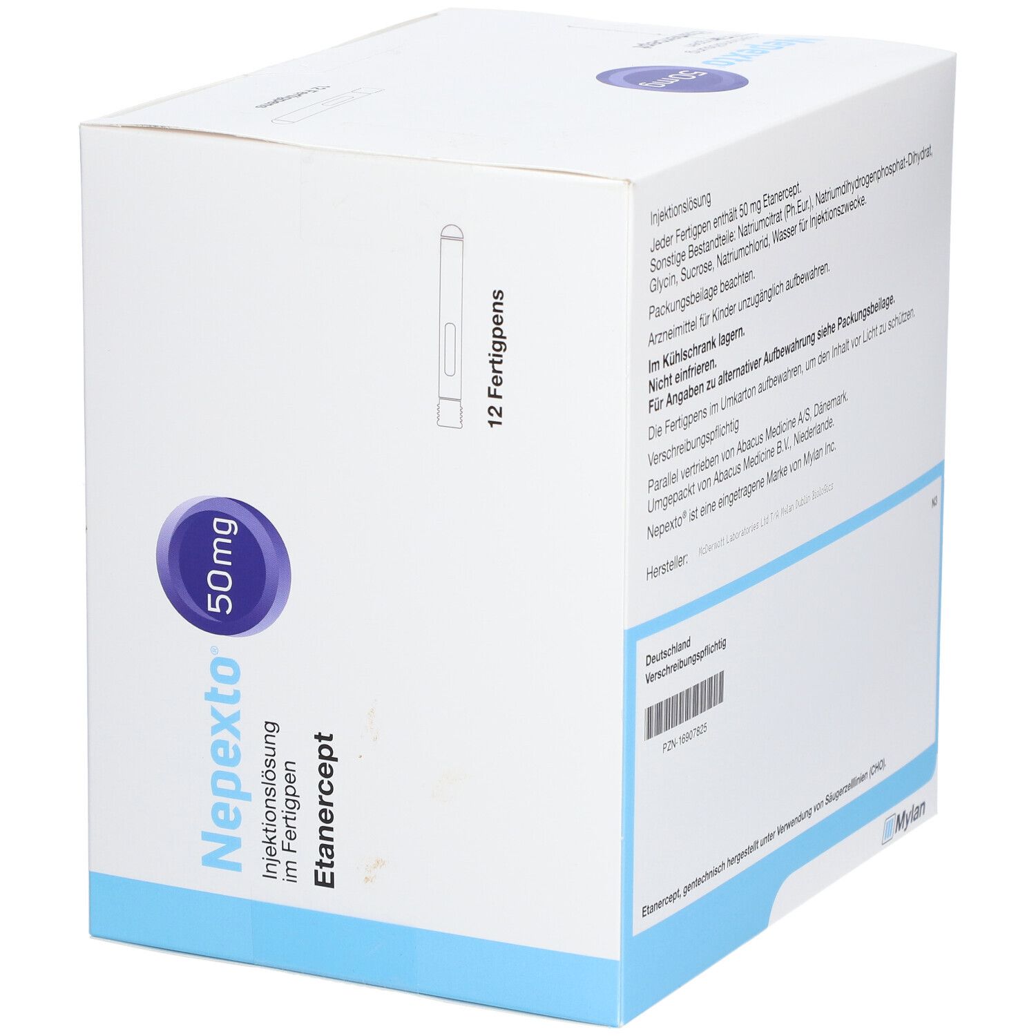Rückseite der 'Nepexto 50mg' Schachtel. Enthält Informationen zu Inhaltsstoffen, Lagerung und Hersteller. Mylan Logo.