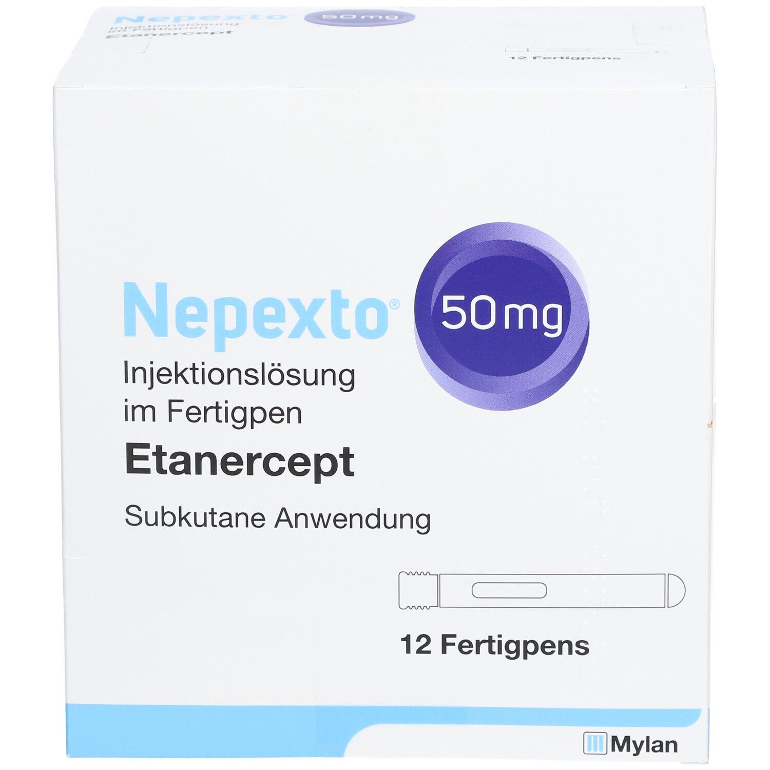 Schachtel 'Nepexto 50mg' Injektionslösung im Fertigpen. Enthält 12 Fertigpens. Mylan Logo.