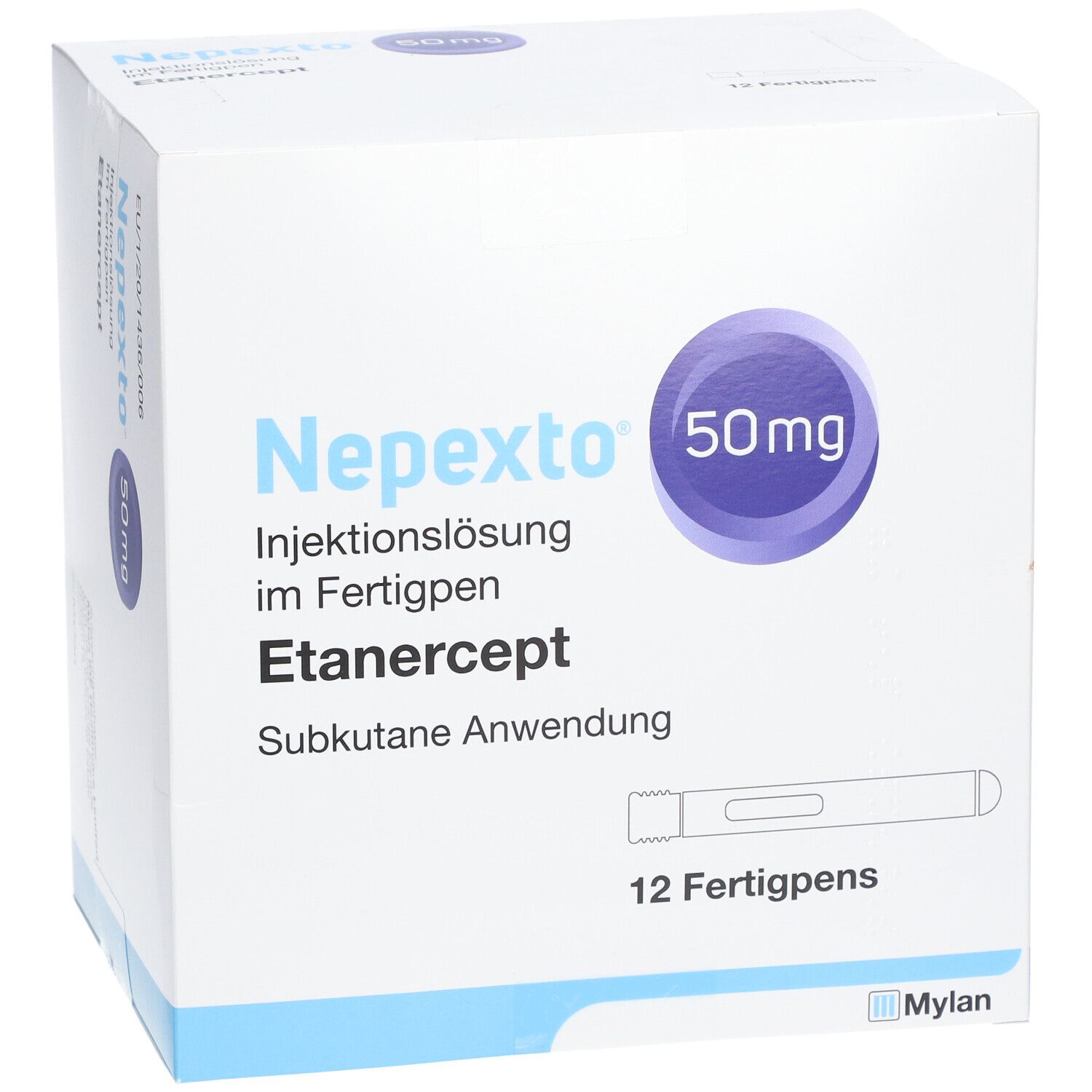 Schachtel 'Nepexto 50mg' Injektionslösung im Fertigpen. Enthält 12 Fertigpens. Mylan Logo.