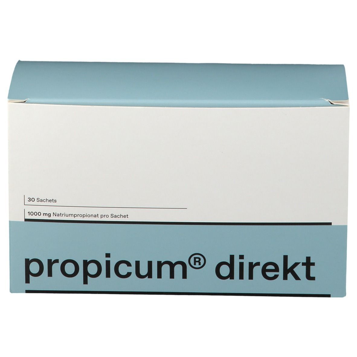 Schachtel "propicum® direkt". Oben blau, unten weiß. Enthält 30 Sachets mit 1000 mg Natriumpropionat.