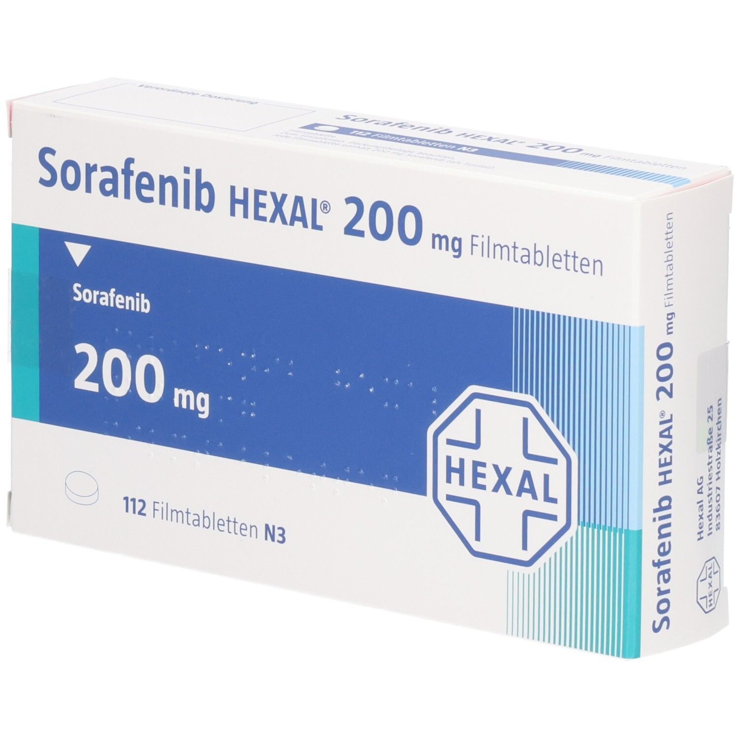 Schachtel mit SORAFENIB HEXAL 200 mg Filmtabletten. Aufschrift: Sorafenib, 200 mg, 112 Filmtabletten N3. HEXAL Logo.