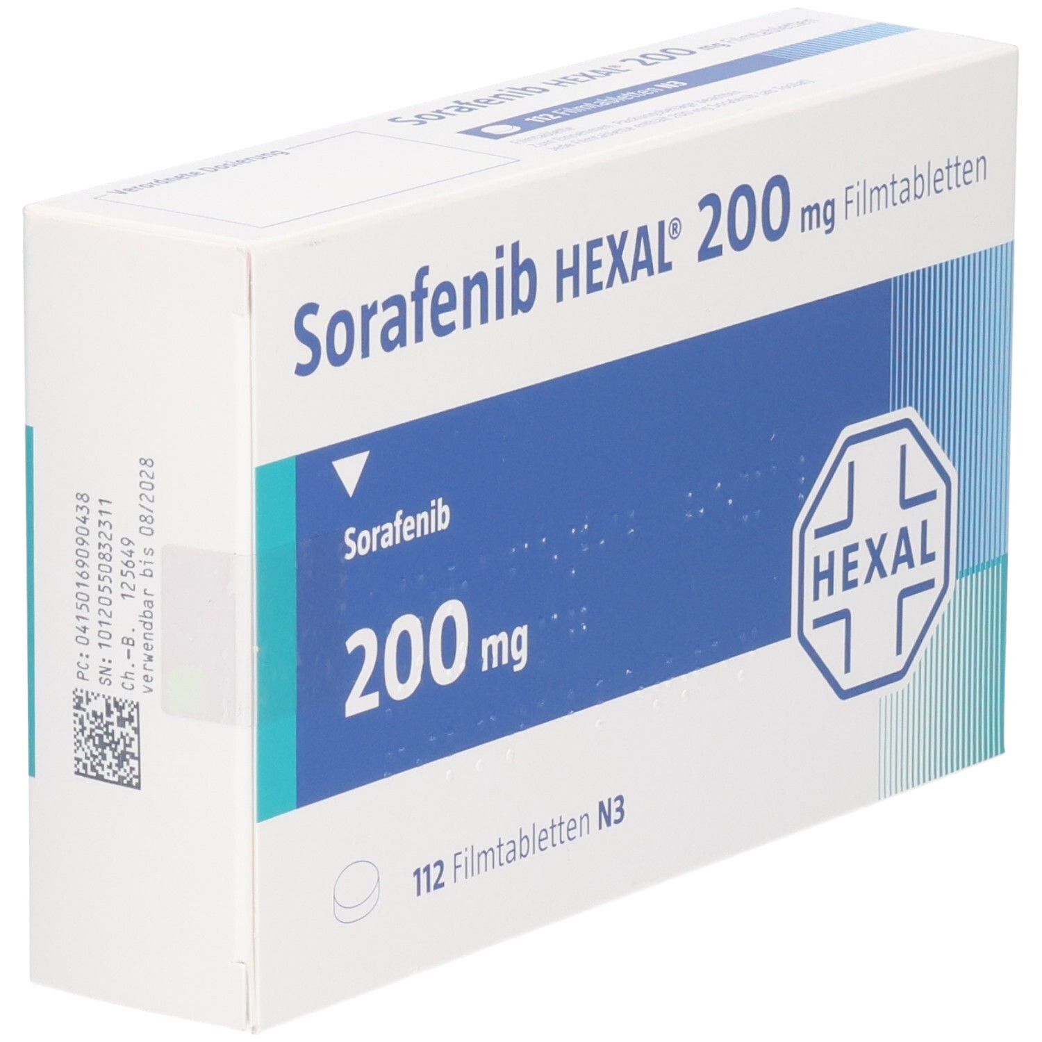 Schachtel SORAFENIB HEXAL 200 mg Filmtabletten. Aufschrift: Sorafenib, 200 mg, 112 Filmtabletten N3. HEXAL Logo. Mit Barcode und Verfallsdatum.