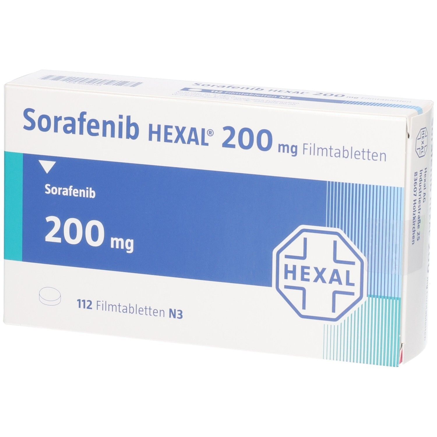 Schachtel SORAFENIB HEXAL 200 mg Filmtabletten. Aufschrift: Sorafenib, 200 mg, 112 Filmtabletten N3. HEXAL Logo. Blaue Fläche.