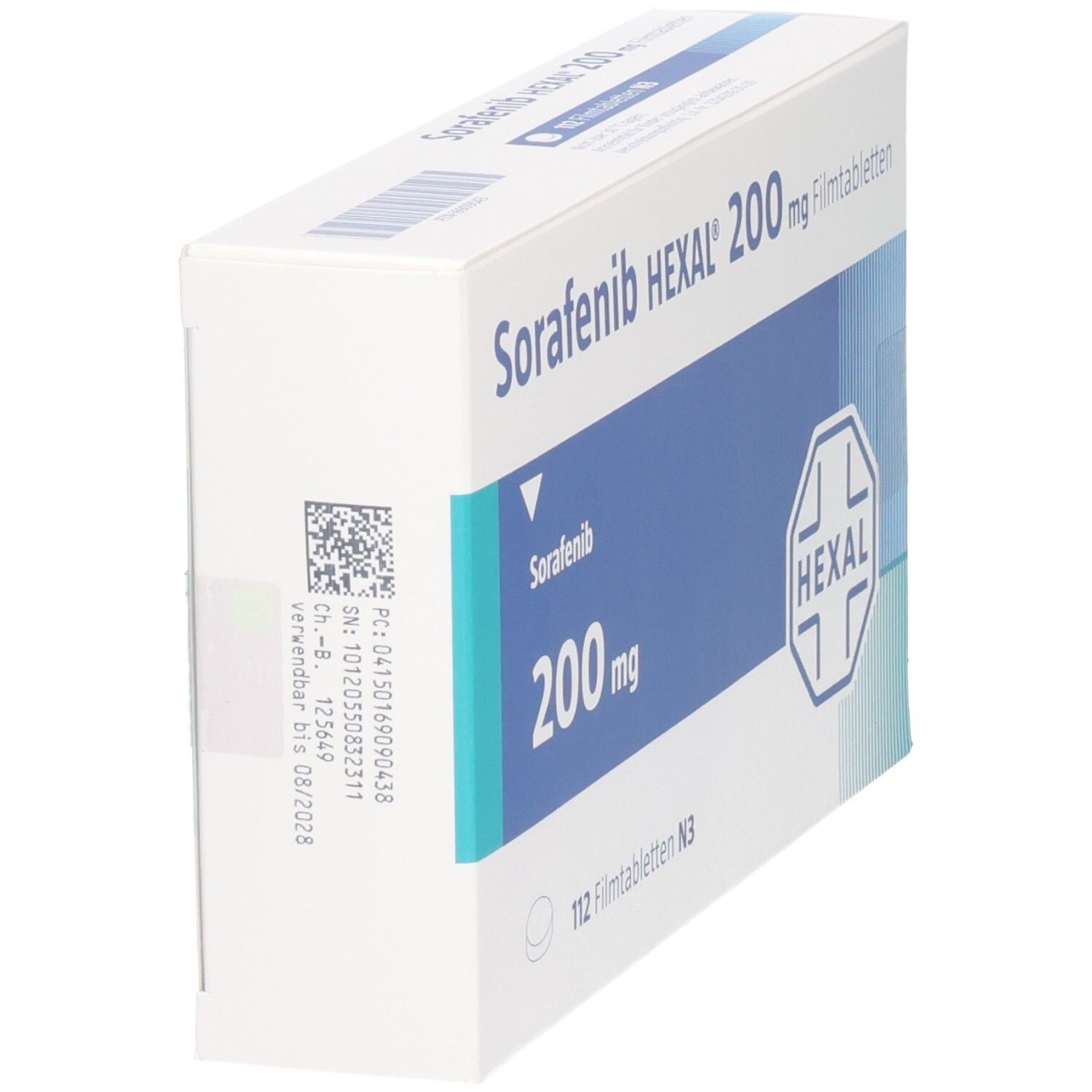 Schachtel SORAFENIB HEXAL 200 mg Filmtabletten. Aufschrift: Sorafenib, 200 mg, 112 Filmtabletten N3. HEXAL Logo. Mit Barcode und Verfallsdatum.