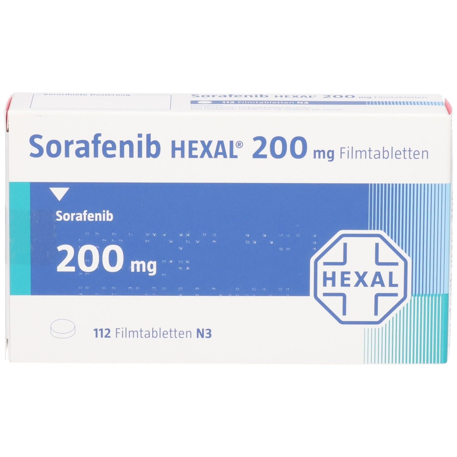 Schachtel SORAFENIB HEXAL 200 mg Filmtabletten. Aufschrift: Sorafenib, 200 mg, 112 Filmtabletten N3. HEXAL Logo. Blaue Fläche.