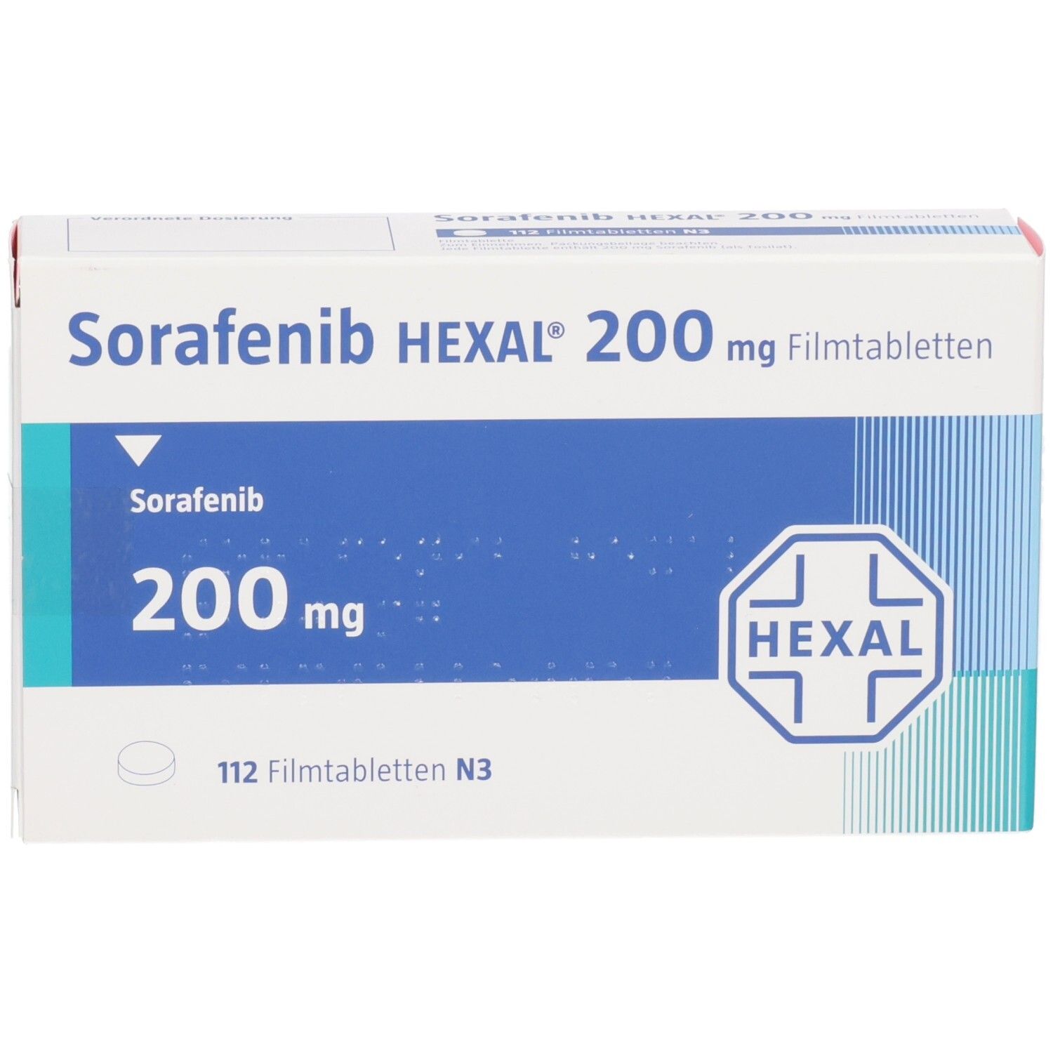 Schachtel SORAFENIB HEXAL 200 mg Filmtabletten. Aufschrift: Sorafenib, 200 mg, 112 Filmtabletten N3. HEXAL Logo. Blaue Fläche.
