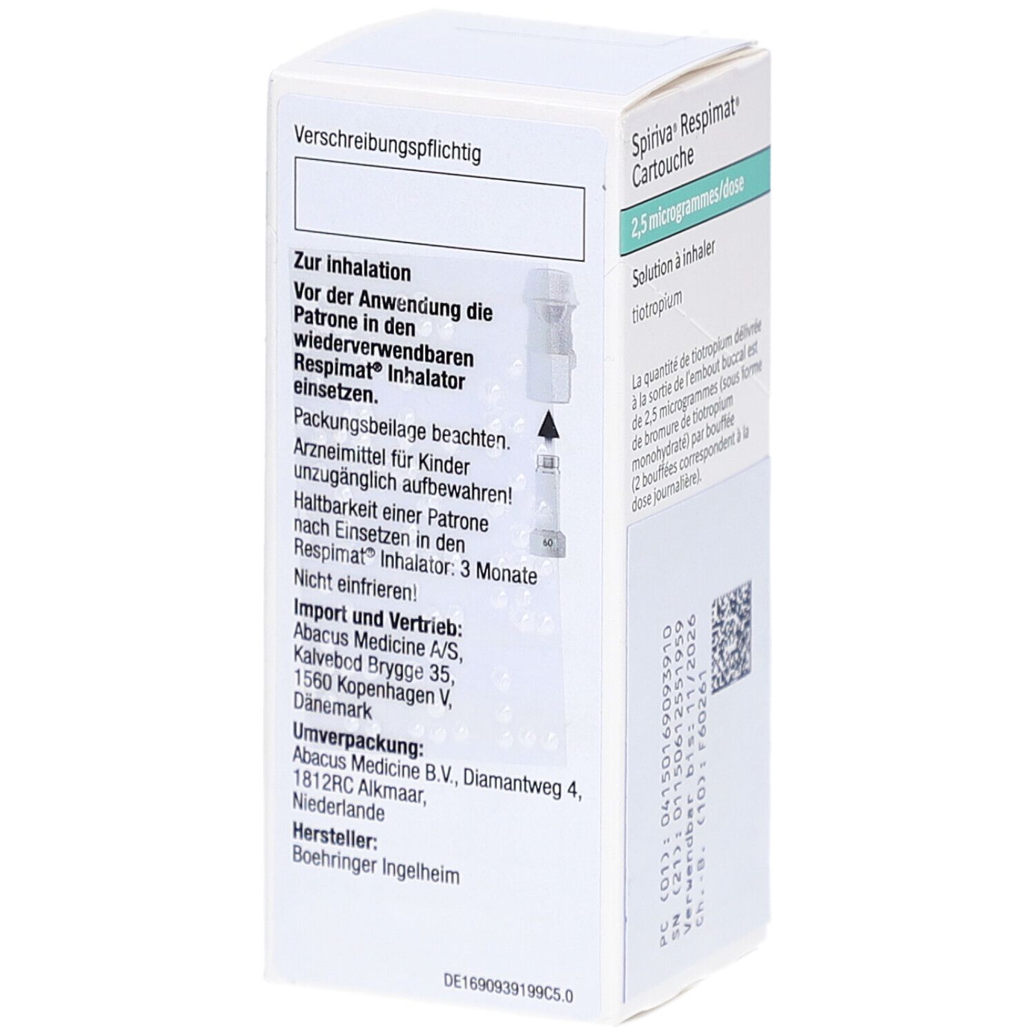 Schachtel SPIRIVA Respimat Cartouche. Text in Deutsch. Herstellerinformationen. Warnhinweis.