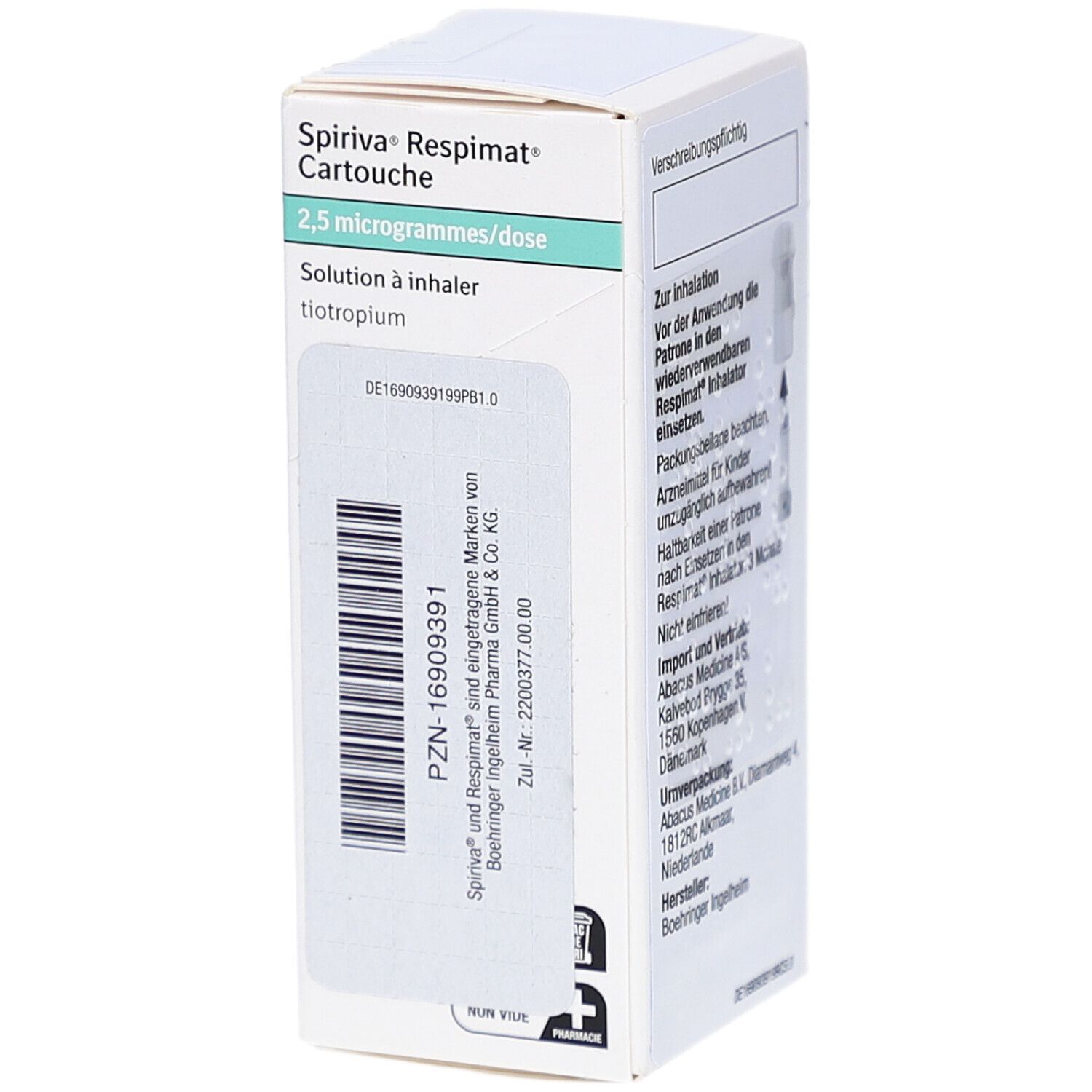 Schachtel SPIRIVA Respimat Cartouche, 2,5 Mikrogramm/Dosis. Text in Deutsch. Herstellerinformationen.