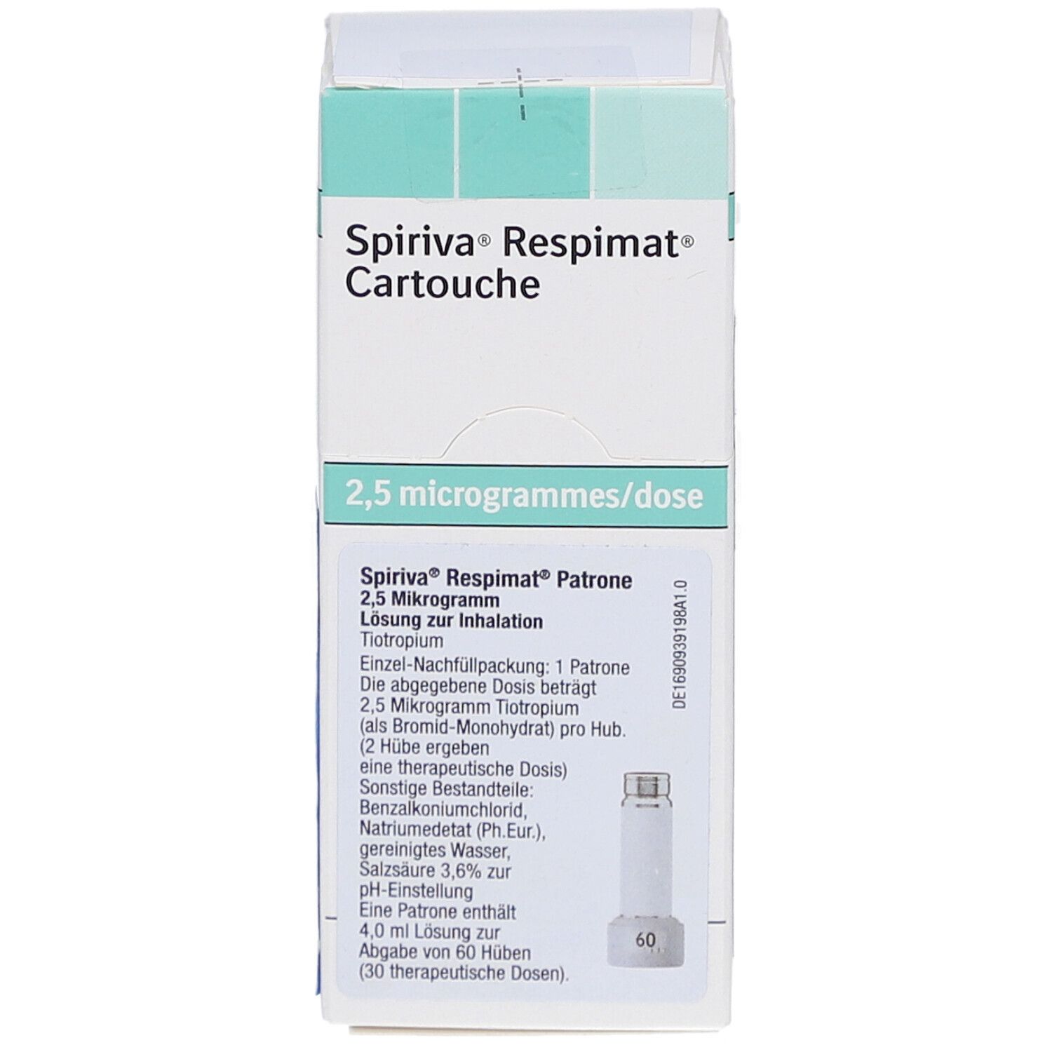 Schachtel SPIRIVA Respimat Cartouche, 2,5 Mikrogramm/Dosis. Text in Deutsch. Abbildung einer Patrone.