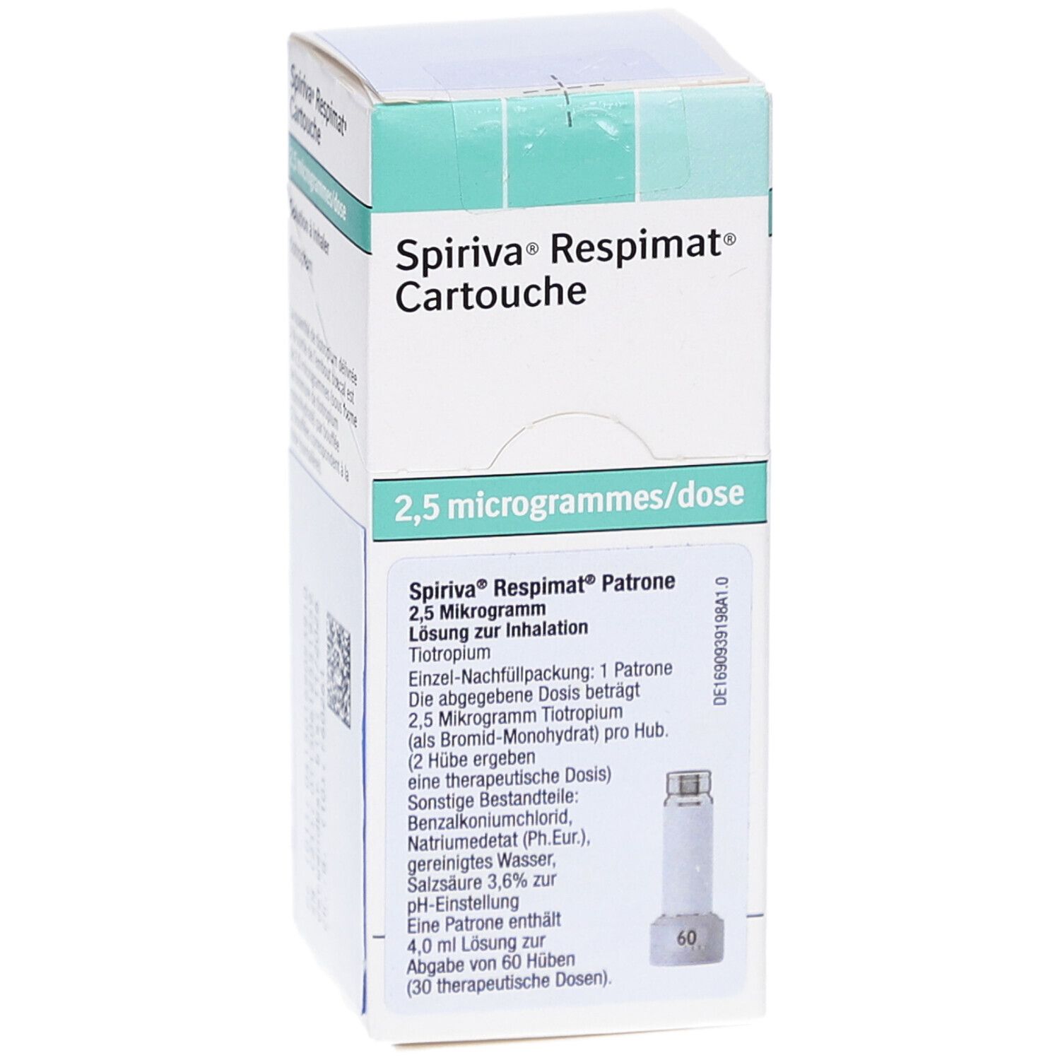 Schachtel SPIRIVA Respimat Cartouche, 2,5 Mikrogramm/Dosis. Text in Deutsch. Abbildung einer Patrone.
