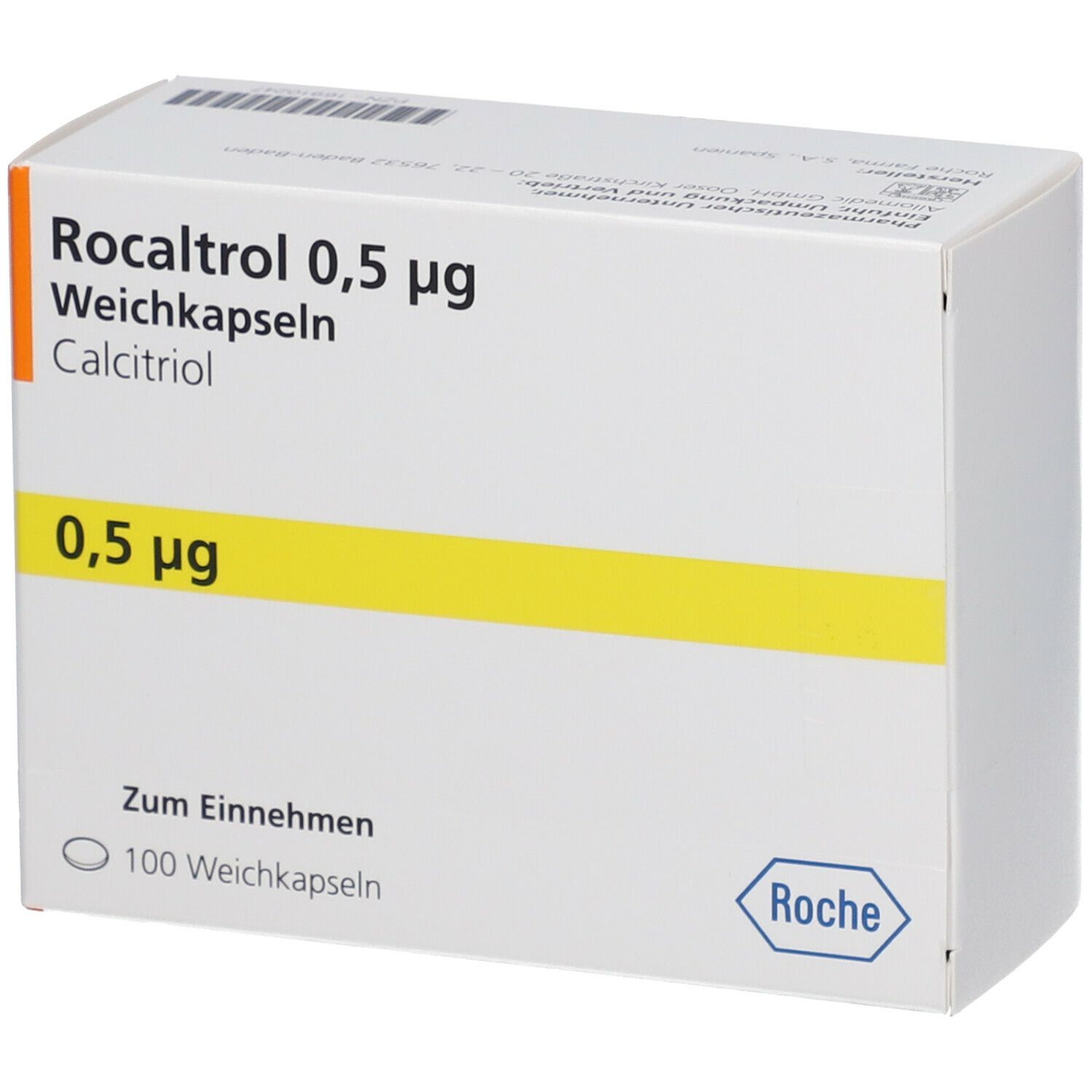 Weiße Schachtel mit gelbem Streifen. Aufdruck: Rocaltrol 0,5 µg, Weichkapseln, Calcitriol. Roche-Logo.