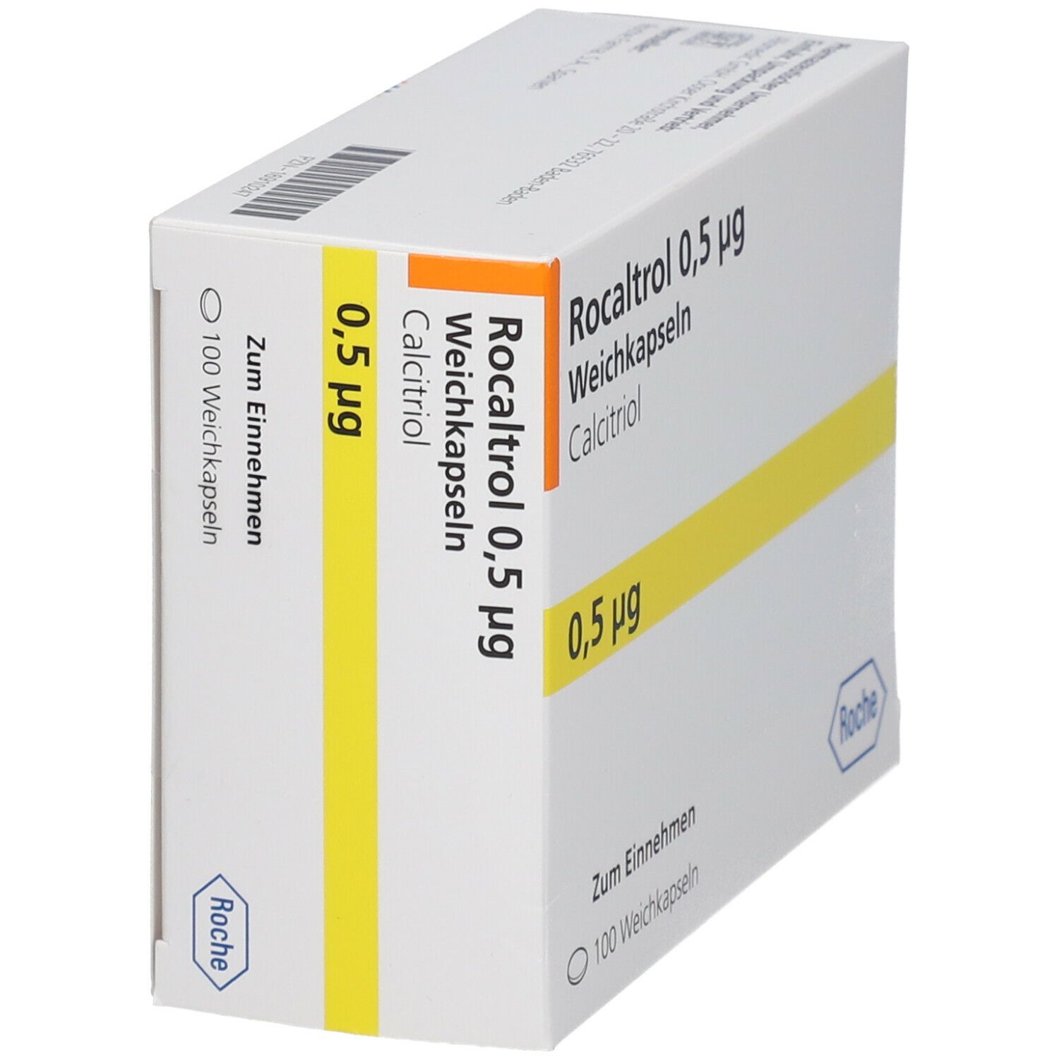 Schachtel, schräg von vorne. Aufdruck: Rocaltrol 0,5 µg, Weichkapseln, Calcitriol. Gelber Streifen. Roche-Logo.