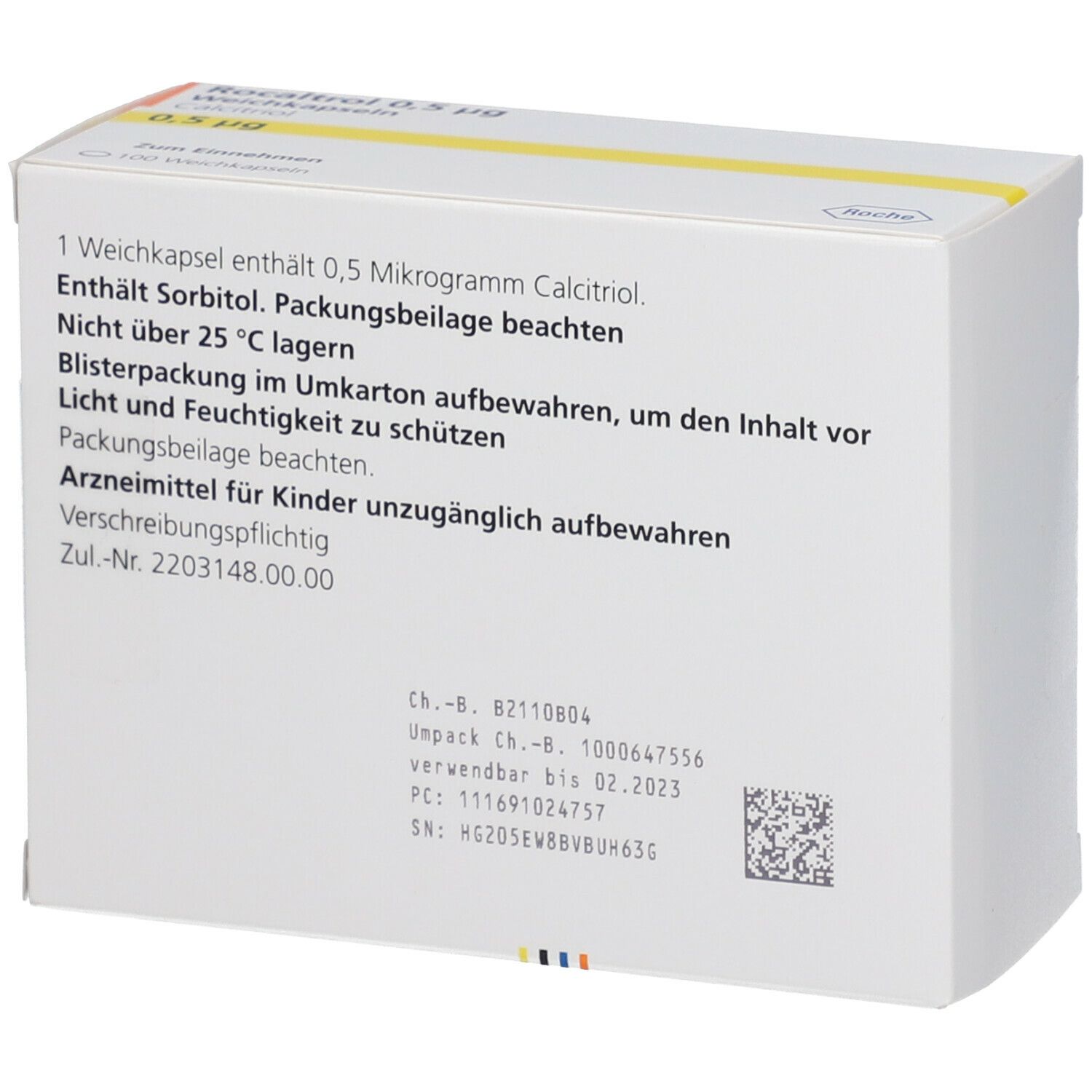 Rückseite der Schachtel. Text: 1 Weichkapsel enthält 0,5 Mikrogramm Calcitriol. Warnhinweise. Herstellerinformationen.