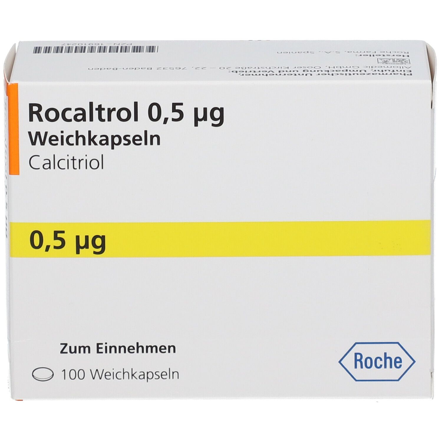 Weiße Schachtel mit gelbem Streifen. Aufdruck: Rocaltrol 0,5 µg, Weichkapseln, Calcitriol. Roche-Logo.