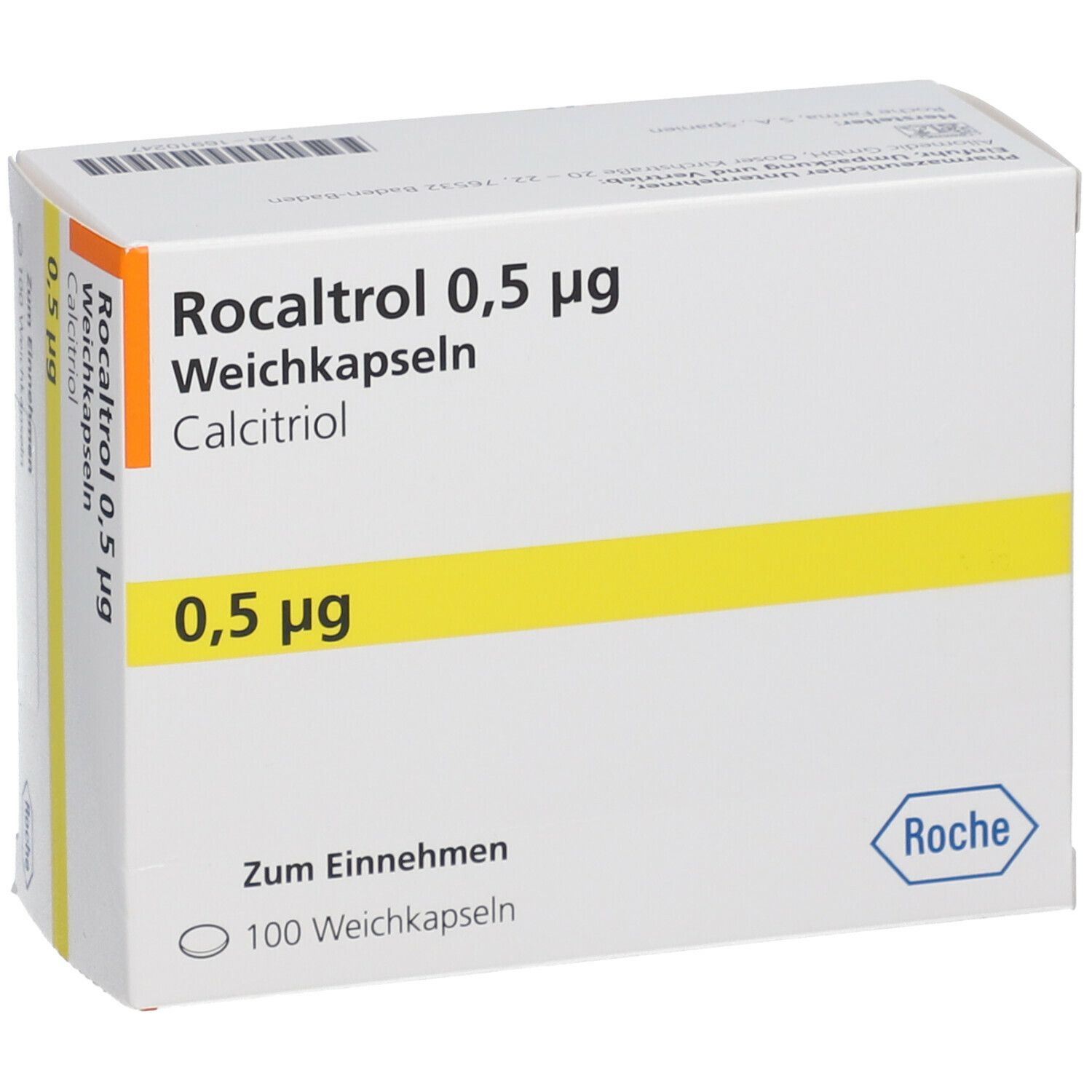 Schachtel, schräg von vorne. Aufdruck: Rocaltrol 0,5 µg, Weichkapseln, Calcitriol. Gelber Streifen. Roche-Logo.