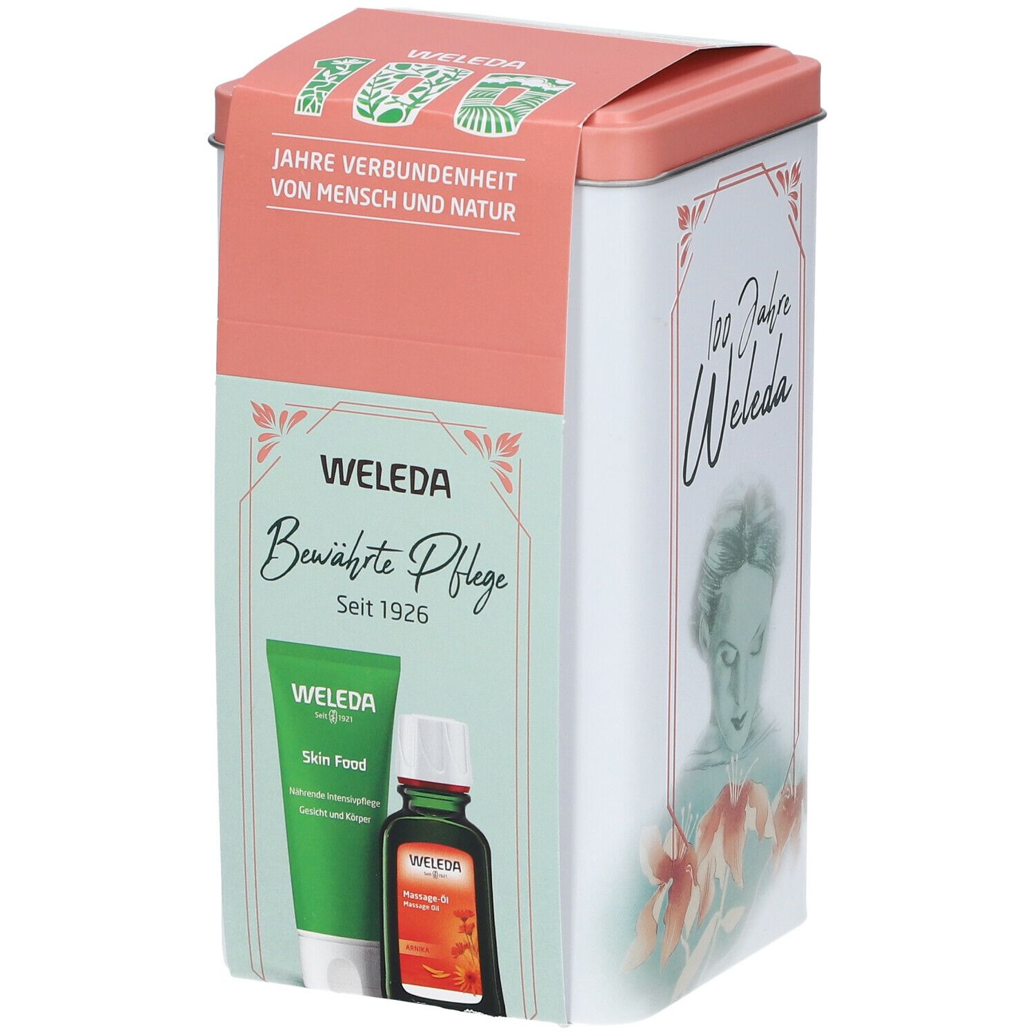 Geschenkset mit Tube, Flasche und Dose. Dose mit Aufdruck "100 Jahre Weleda". Grün-weiße Tube und braune Flasche.