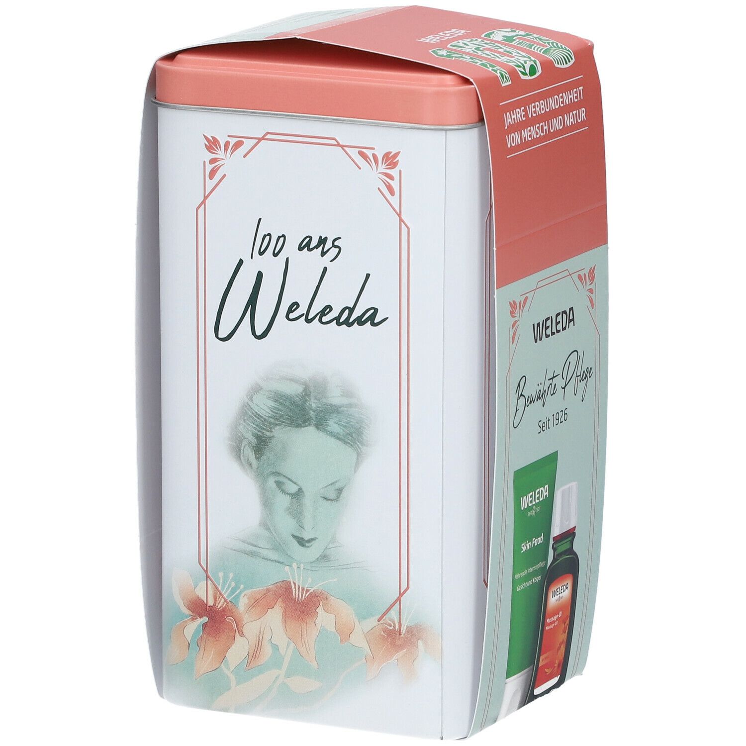 Geschenkset mit Dose. Dose mit Aufdruck "100 ans Weleda". Auf der Dose ist ein Frauenporträt und Blumen abgebildet.