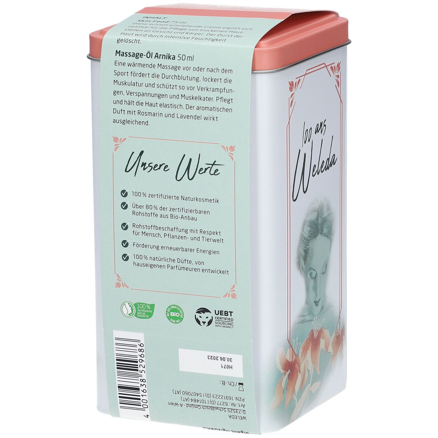 Dose mit Text. Text: Massage-Öl Arnika 50ml. Auf der Dose sind Logos und Text abgebildet. Dose mit Frauenporträt und Blumen.