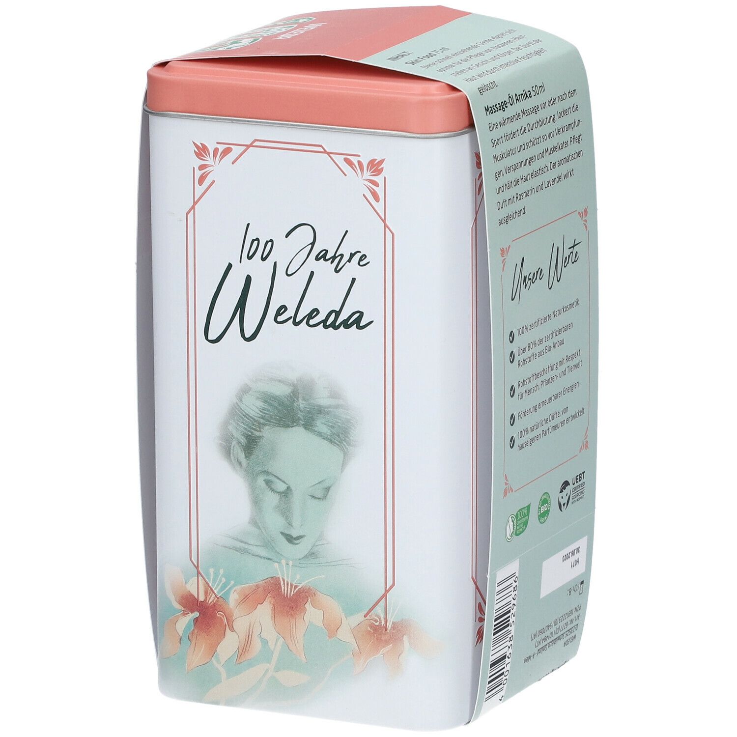 Dose mit Text. Auf der Dose ist ein Frauenporträt und Blumen abgebildet. Text: 100 Jahre Weleda. Dose mit Text.