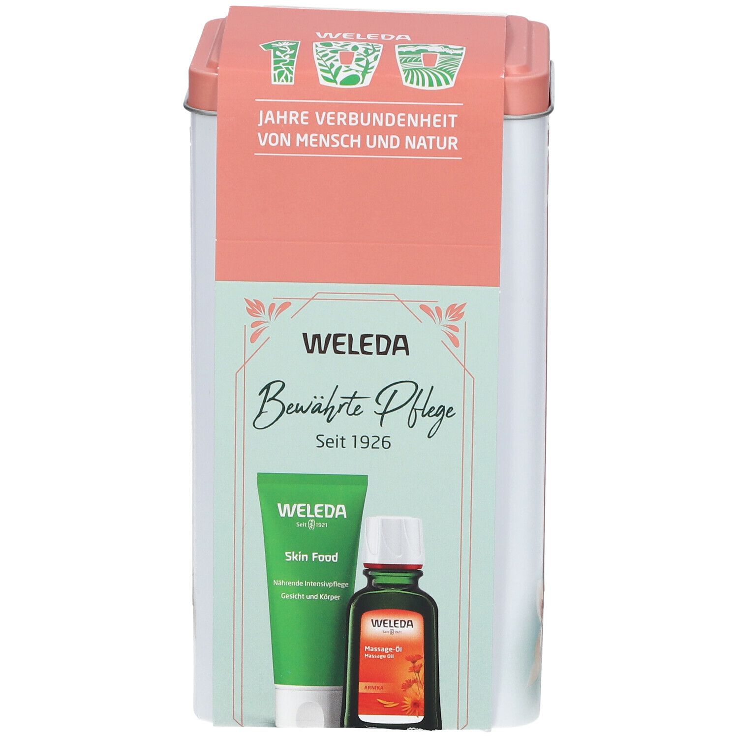 Geschenkset mit Tube, Flasche und Dose. Dose mit Aufdruck "100 Jahre Weleda". Grün-weiße Tube und braune Flasche.