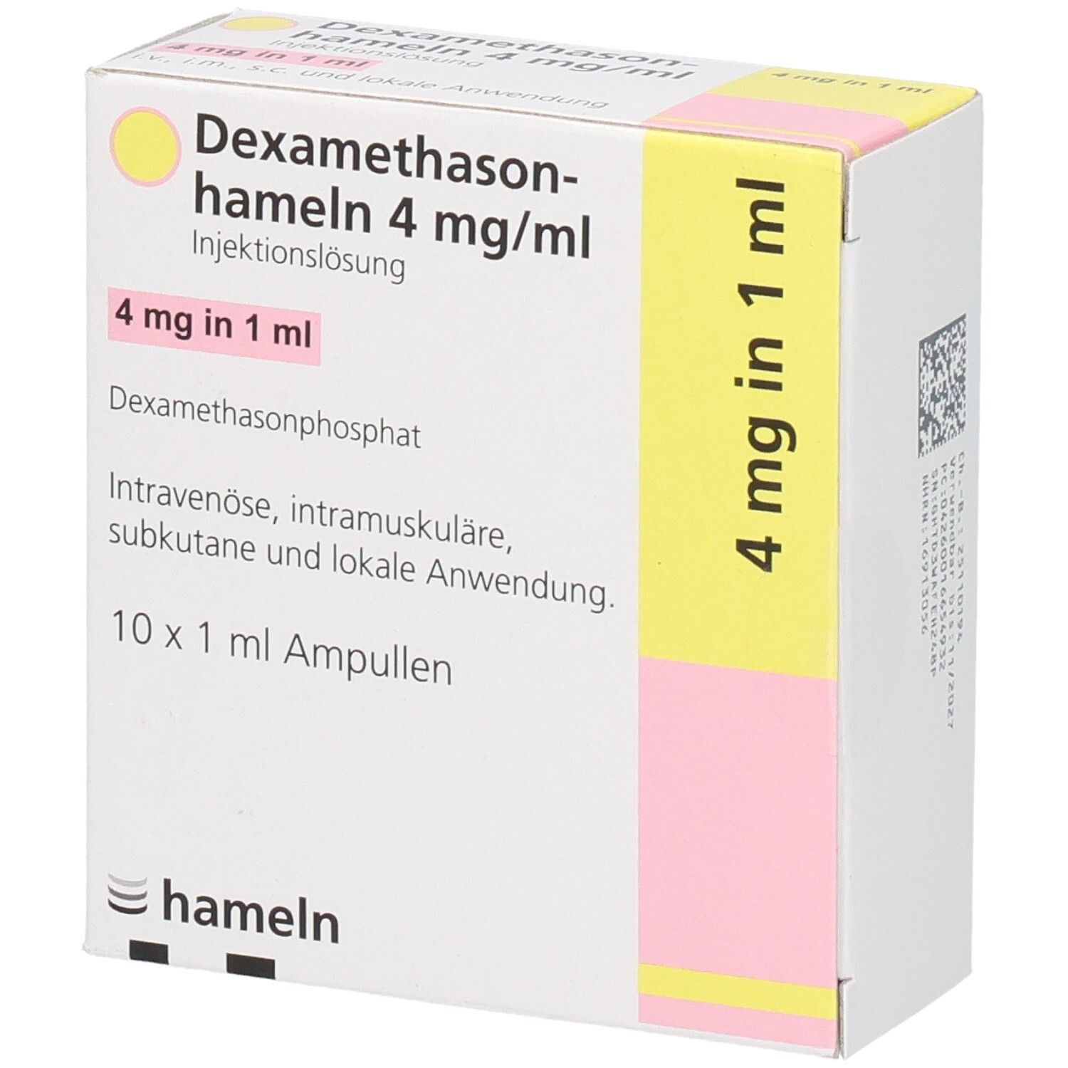 Packung mit 10 x 1 ml Ampullen Dexamethason-hameln 4 mg/ml Injektionslösung.