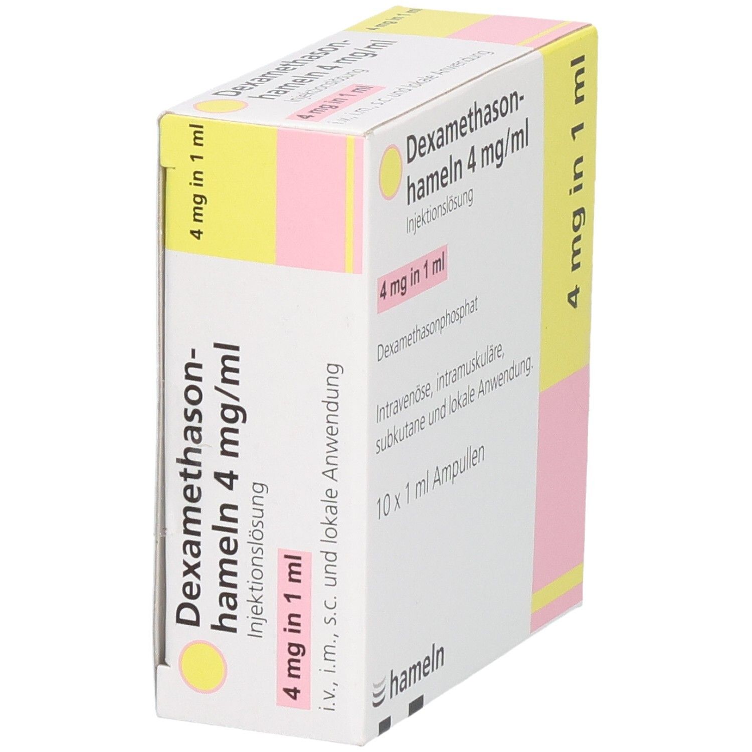 Packung mit 10 x 1 ml Ampullen Dexamethason-hameln 4 mg/ml Injektionslösung, seitliche Ansicht.