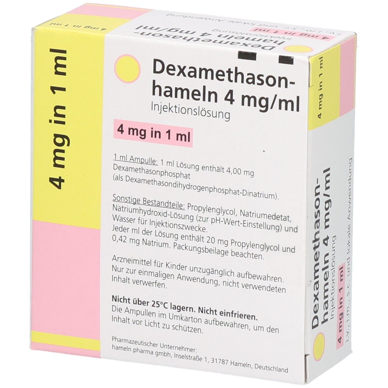 Rückseite der Packung mit 10 x 1 ml Ampullen Dexamethason-hameln 4 mg/ml, mit detaillierten Anwendungsinformationen.
