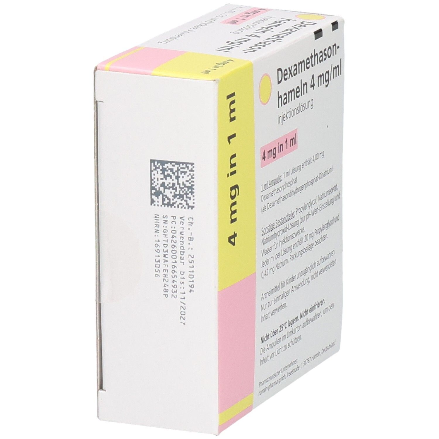 Seitenansicht der Packung mit 10 x 1 ml Ampullen Dexamethason-hameln 4 mg/ml, mit Barcode und Chargennummer.