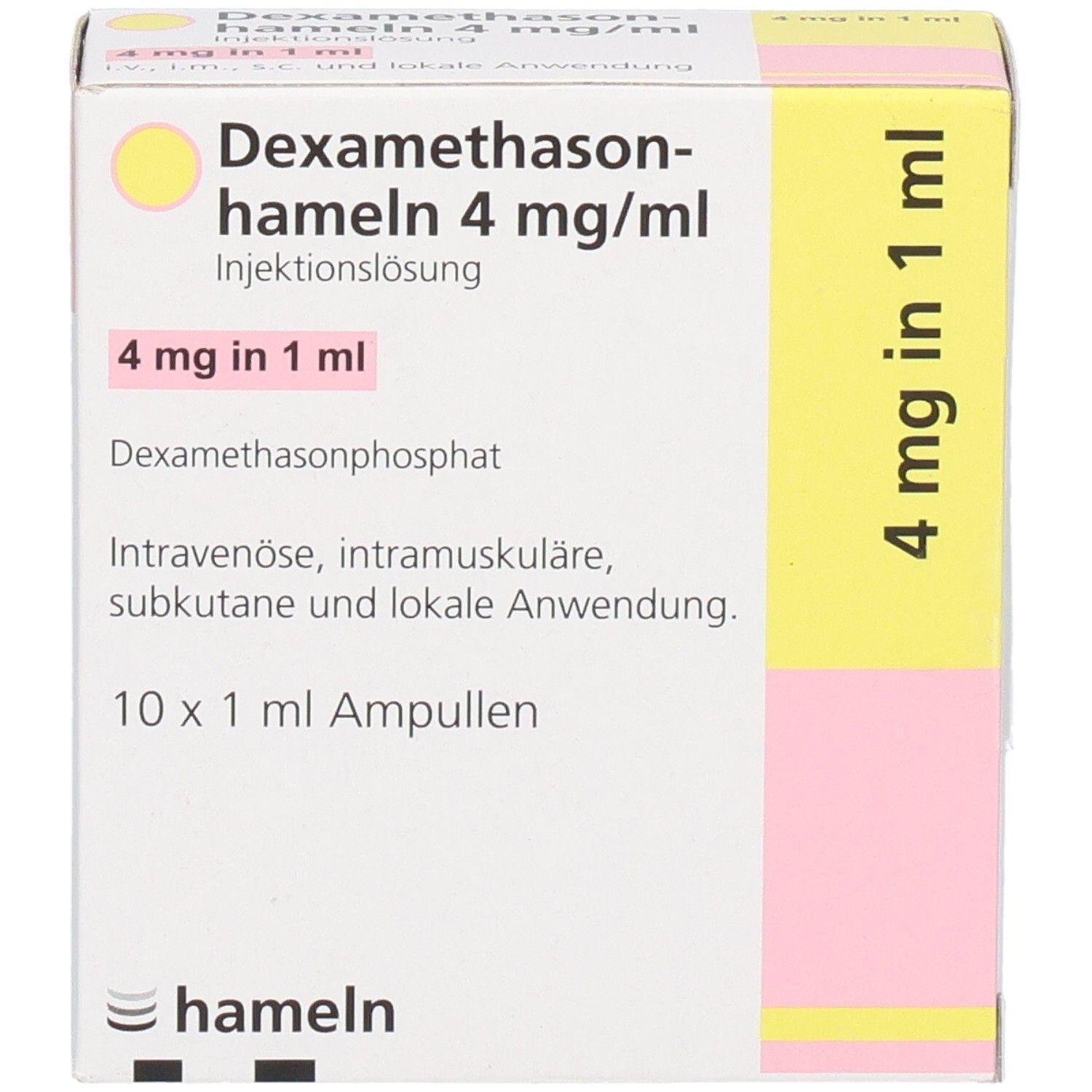 Vorderseite der Packung mit 10 x 1 ml Ampullen Dexamethason-hameln 4 mg/ml Injektionslösung.