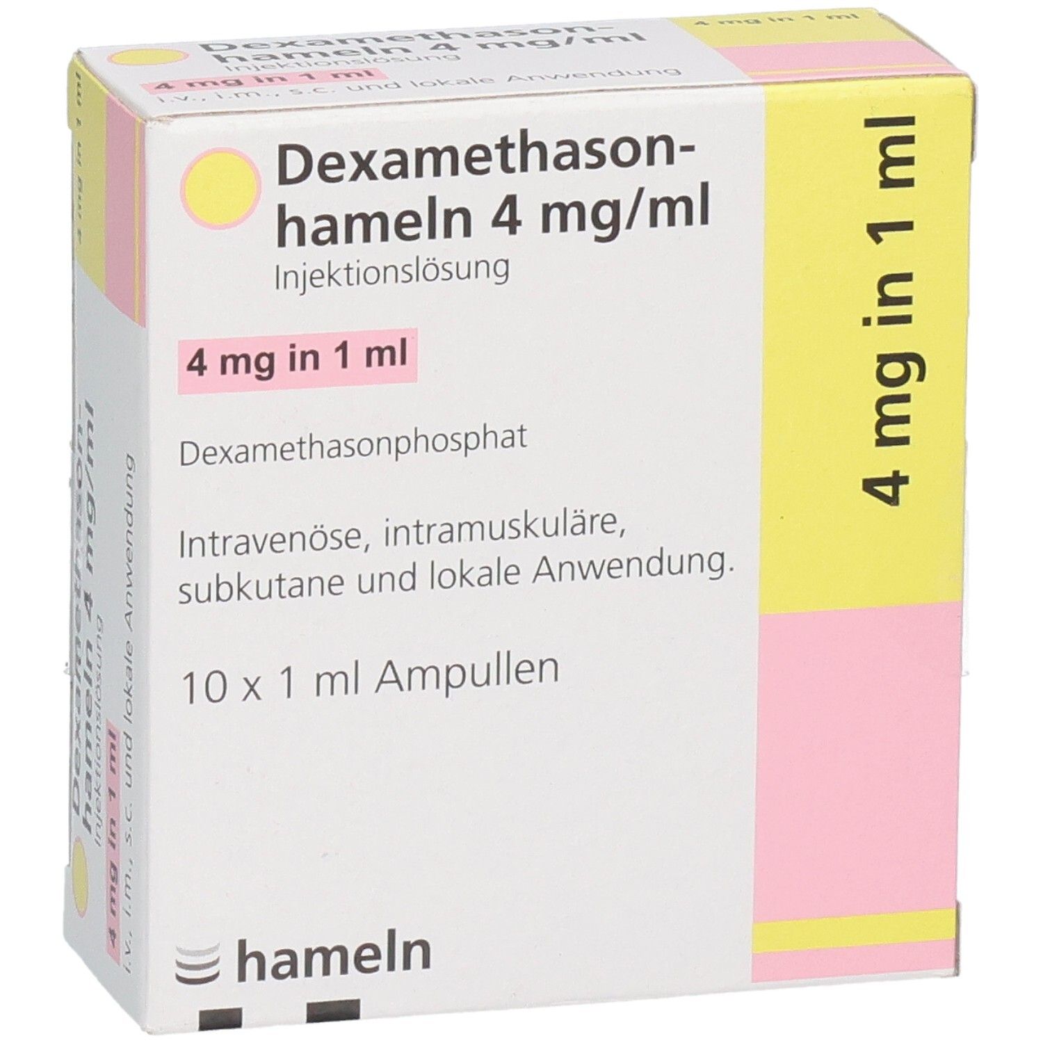 Packung mit 10 x 1 ml Ampullen Dexamethason-hameln 4 mg/ml Injektionslösung, leicht schräg von vorne.