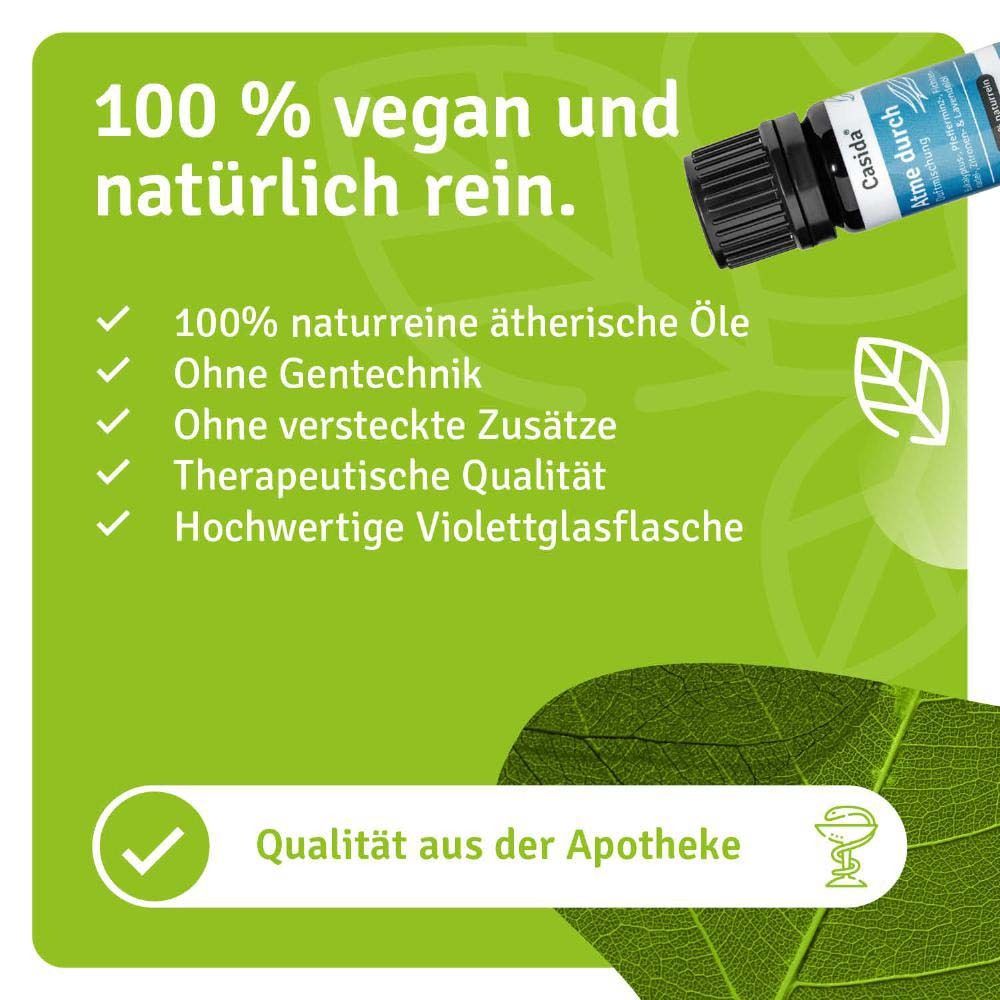 Grüner Hintergrund mit Produktflasche. Text: 100% vegan und natürlich rein. Apotheken Qualität.