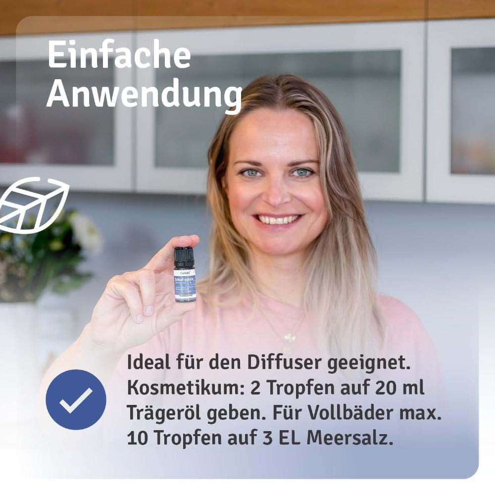 Frau hält kleine Flasche Casida Schlaf schön. Text: Einfache Anwendung. Ideal für den Diffusor.