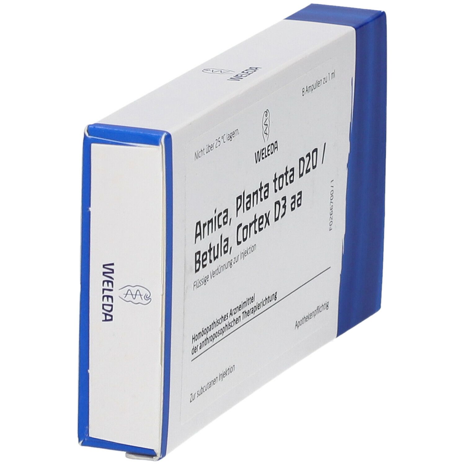 Schräg stehende Produktverpackung. Aufschrift: Arnica, Planta tota D20 / Betula, Cortex D3 aa. Marke WELEDA.